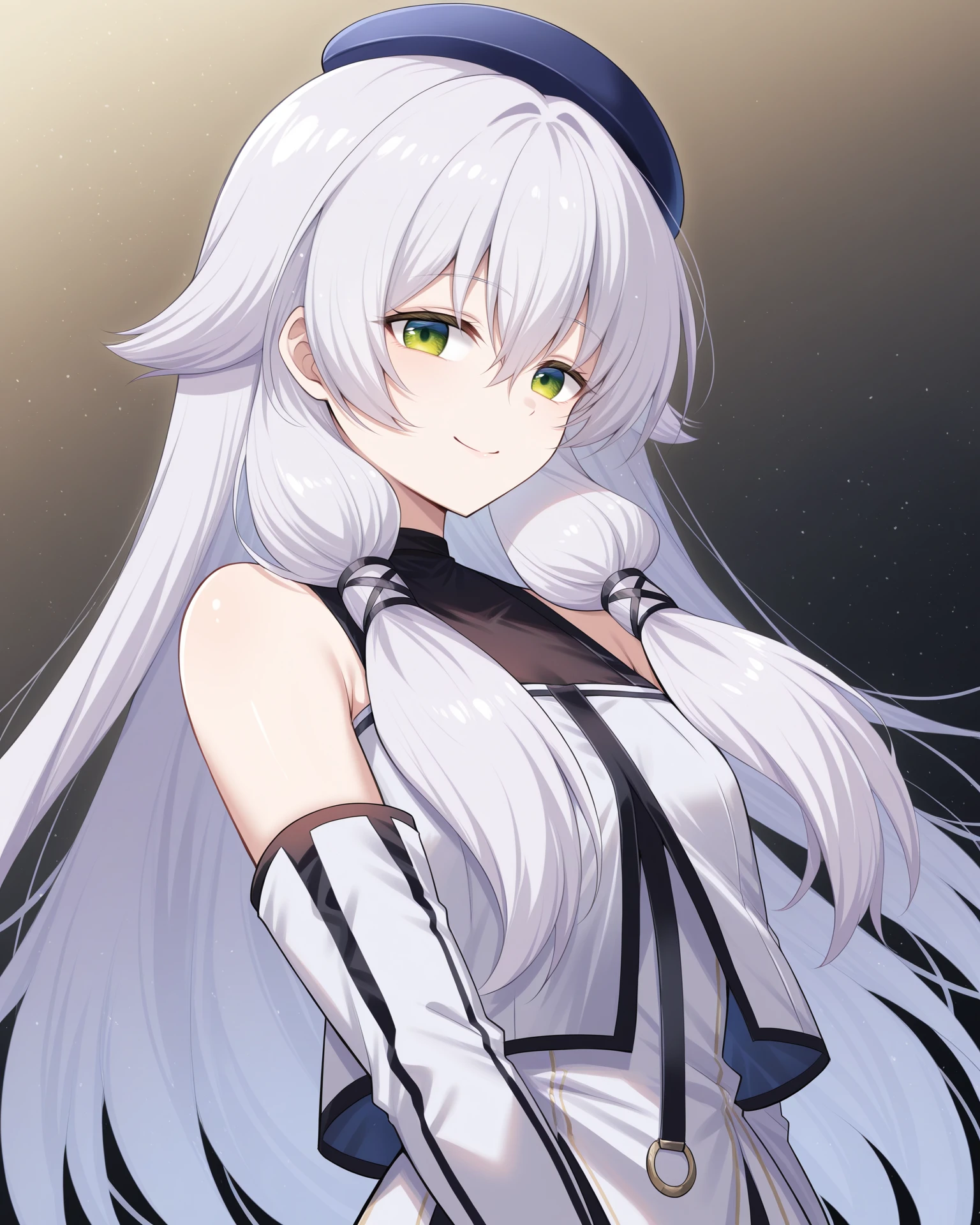 masterpiece, best quality, amazing quality, very aesthetic, absurdres, (by e.o.:0.7), (by chiharu \(9654784\):0.4), (by racoon-kun.:0.4),
1girl, solo,
<lora:AltinaKai_Illustrious:1>, Altina Orion, white hair, long hair, tress ribbon, sidelocks, green eyes, small breasts, beret, white dress, detached sleeves, black pantyhose, white boots,,
simple background, black background, particles, upper body, portrait,
looking at viewer, smile,