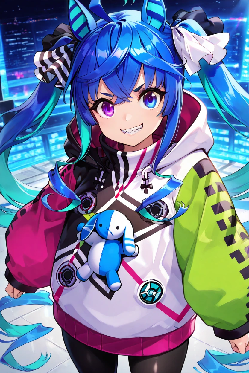 masterpiece, best quality, solo, curvy, beautiful eyes, zztwinturbo, aqua hair, twintails, heterochromia, purple eyes, blue eyes, sharp teeth, multicolored hoodie, black leggings, <lora:TwinTurboUmaMusumeIXL:1.0>, from above, dynamic pose, cowboy shot, smile, looking at viewer, shiny skin,