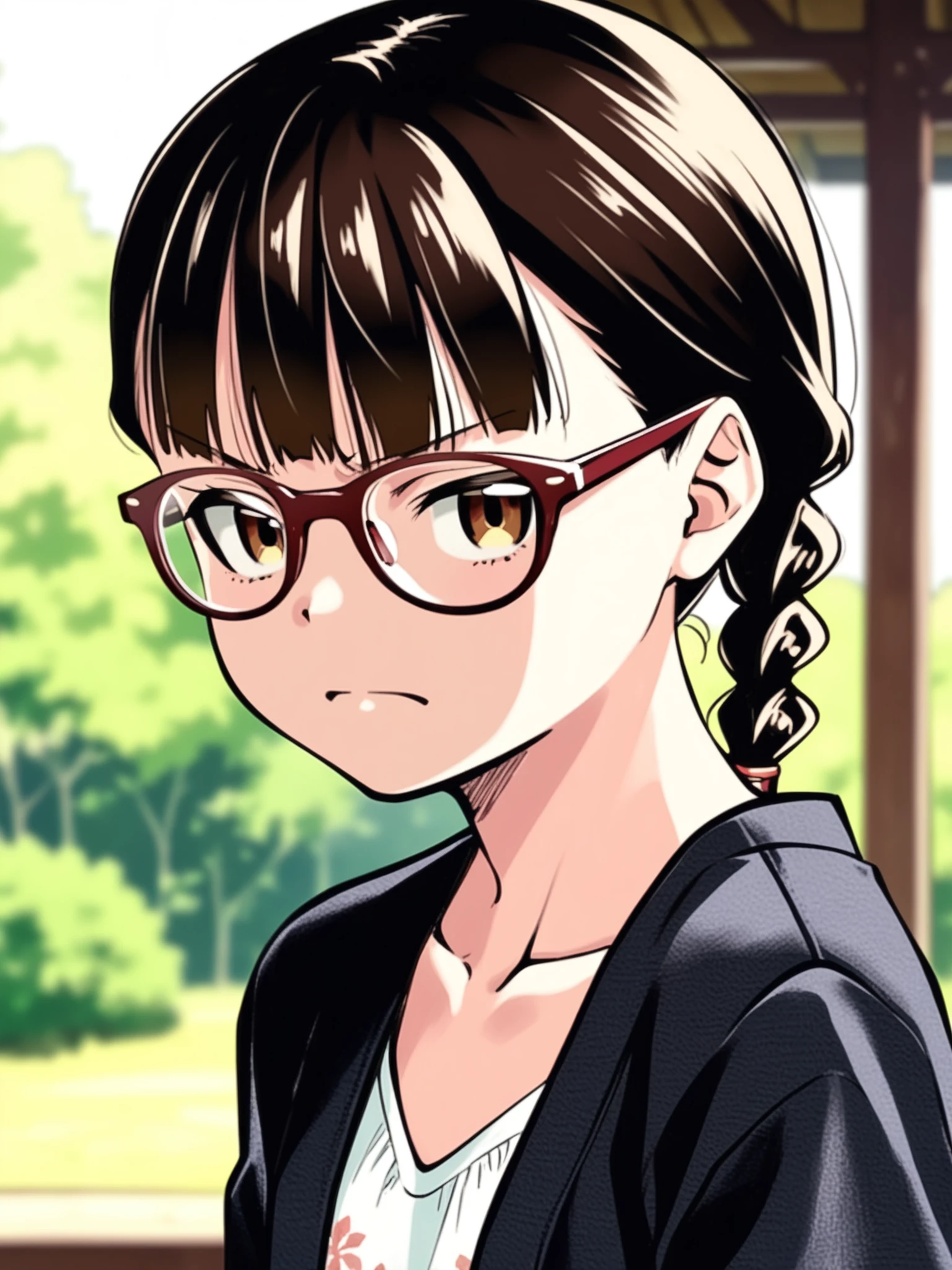 <lora:happy_tentacle-mitorinka-v0.2:0.9>, ht_mitorinka, glasses, flat chest, brown hair, brown eyes , angry, closed mouth, outdoors, day upper body, 1girl, (petite:1.2), solo focus, (looking at viewer:1.1), sidelighting, (depth of field:0.8), from side, score_9, score_8_up, score_7_up, score_6_up, score_5_up, score_4_up