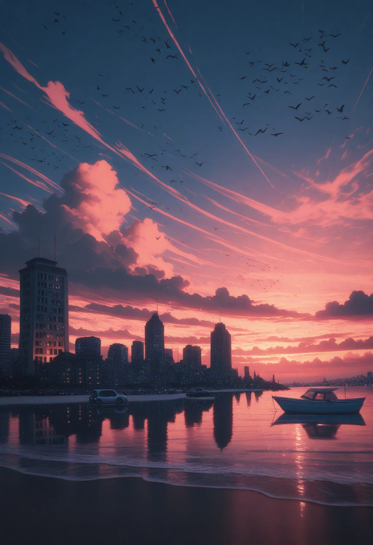 <lora:NeoArcanaIllustriousXL:1> n3oarc4na,
outdoors, cloud, sky, bird, boat, scenery, water, building, watercraft, city, reflection, ocean, sunset, beach, car, motor vehicle, cloudy sky, cityscape, masterpiece, best quality, amazing quality, intricate detail, highly detailed, absurdres,