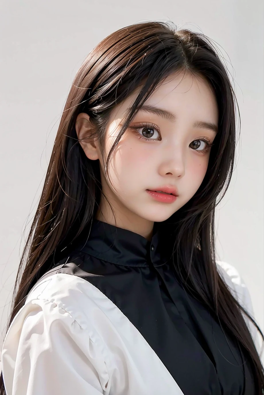 1girl, black random formal attire, white background, <lora:Illit_wonhee-02:1>