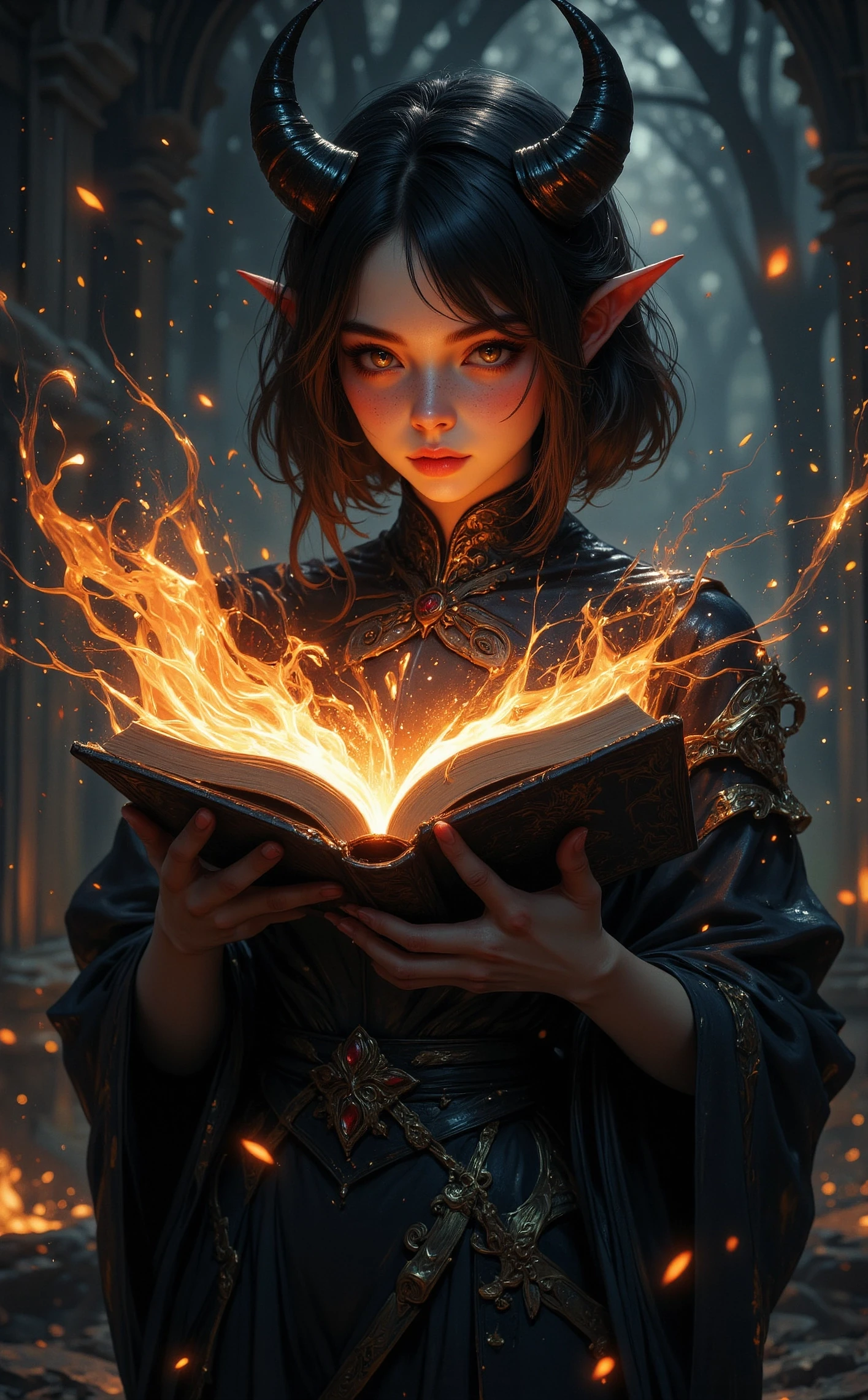 fantasy digital art, detailed, Off-center composition, full body with slight upward angle, The image shows a woman in a black dress with horns on her head, holding a book in her hands. The book is engulfed in flames, and the background is filled with a mysterious, ethereal atmosphere. The woman's gaze is captivating, as if she is reading a story, dark and dim light, ethereal fantasy concept art of cinematic film still manga art by Hisui Sugiura, -artistmedium-, fantasy art by Donato Giancola, Painting, , Fantasy art, science fiction illustration, classical techniques, mythological themes, epic narratives, Japanese art, traditional motifs, serene . shallow depth of field, vignette, highly detailed, high budget, bokeh, cinemascope, moody, epic, gorgeous, film grain, grainy . magnificent, celestial, ethereal, painterly, epic, majestic, magical, fantasy art, cover art, dreamy