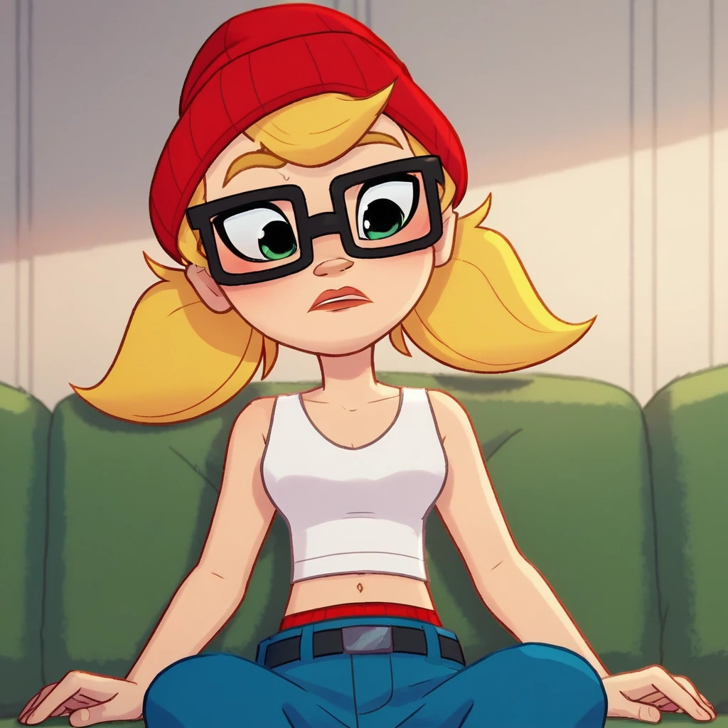 Ugly score_9_up, score_8_up, BREAK, Tricky, 1girl, solo, blonde hair, twintails, green eyes, glasses, red beanie, tank top, midriff, red underwear, blue pants, <lora:Tricky_SubwaySurfers_PXL_Leaf1:1>, indoors, sitting on couch,