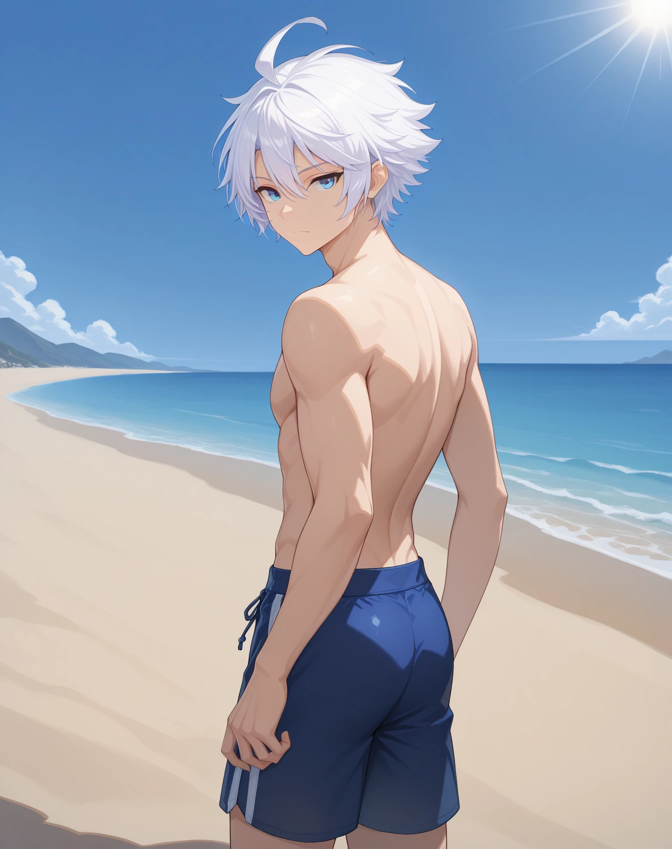 A white-haired boy stood on a rock，Large, sharp wolf ears，Stretch out your arms on the beach,Shirtless，Abs，Swimsuit shutter stock, his arms spread. ready to fly, Arms outstretched, raise both arms, People find happiness, his arms spread, stock image, arms out, Feel calm, arms out, Archive images, stockphoto, relaxing on the beach, pexels, his butt stretched out.