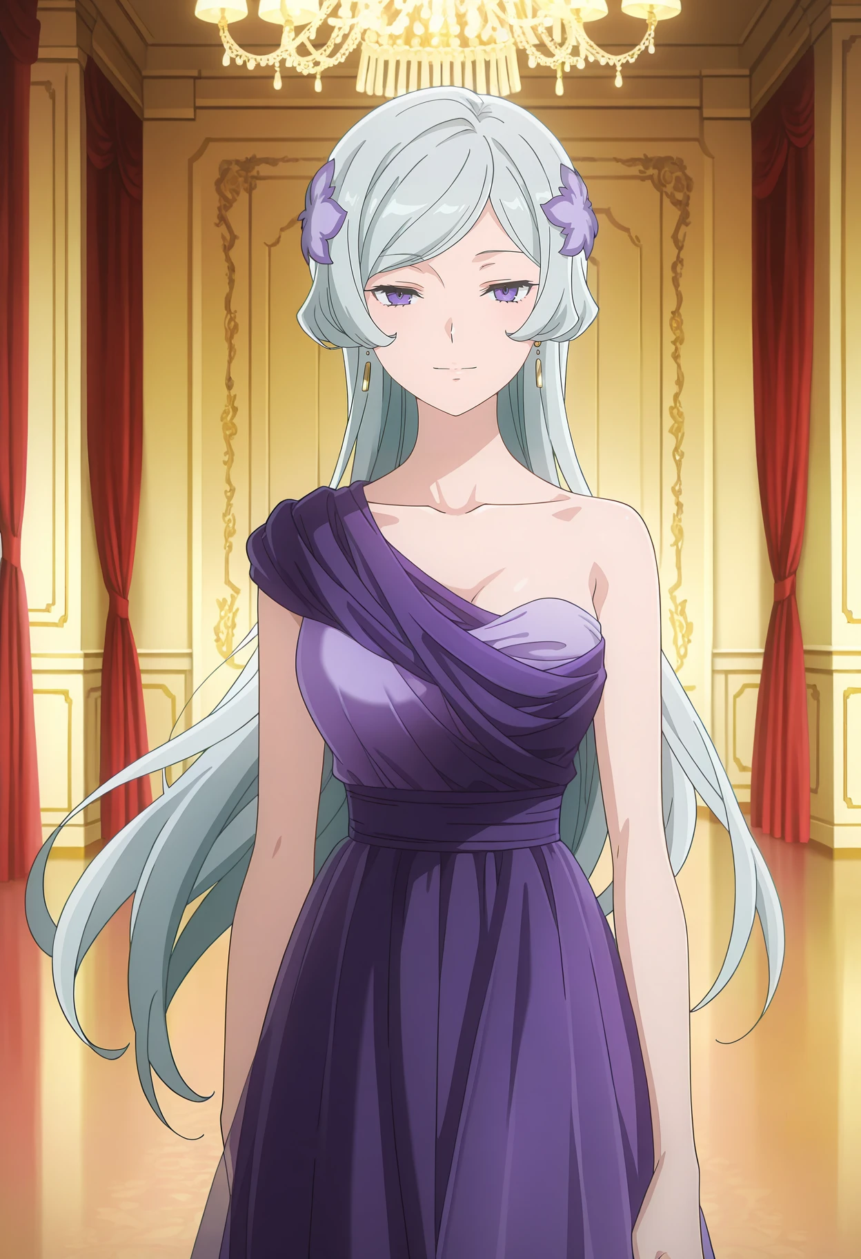 anime screencap, masterpiece, best quality,
<lora:DanMachi_Freya_IlluXL:0.9>,
1girl, solo, closed mouth, light smile,
long hair, swept bangs, grey hair, purple eyes, purple hair ornament,
FreyaPDress, long dress, purple dress, collarbone, earrings, single strap,
standing, looking at viewer, cowboy shot,
indoors, ballroom, curtains, chandelier