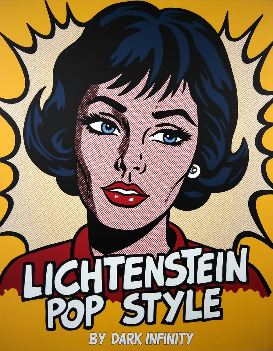 a dilchtnstn style pop art painting, <lora:Roy-Lichtenstein_v20-000037:1>, Text across the image in an exciting font that says âLichtenstein Pop Styleâ and smaller text under it âby Dark Infinityâ