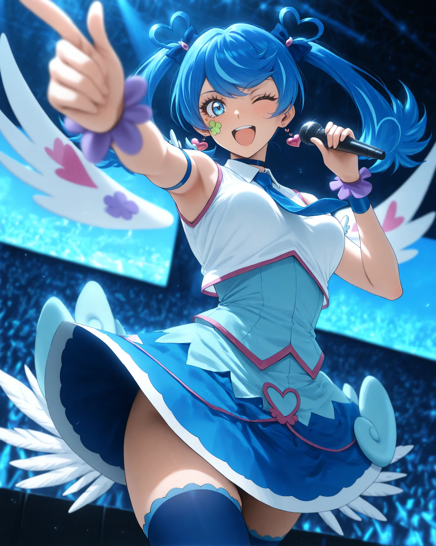masterpiece, best quality, high resolution, absurdres,1girl,newest,kubo tite \(style\),explicit,anime coloring,flat color,
<lora:AoiZaizen_ill_v1:1>,
BLUEANGEL,blue hair,blue hair bow,twintails,heart hairhair bow,heart earrings,facial tattoo,four-leaf clover tattoo,choker,collar,sleeveless shirt,white shirt,wings,blue necktie,blue skirt,arm strap,cuffs,blue thighhighs,skirt wings,
holding microphone, white microphone,
smile,one eye closed,blue eyes,
dancing, singing,pointing viewer,
medium breasts,bouncing breasts on clothes,
on stage,blue theme, audience, screen,depth of field,