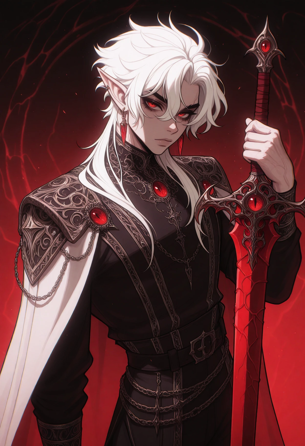 <lora:NeoArcanaIllustriousXL:1> n3oarc4na,
1boy, red eyes, male focus, weapon, solo, sword, white hair, pointy ears, looking at viewer, jewelry, earrings, holding weapon, holding, holding sword, veins, masterpiece, best quality, amazing quality, intricate detail, highly detailed, absurdres,