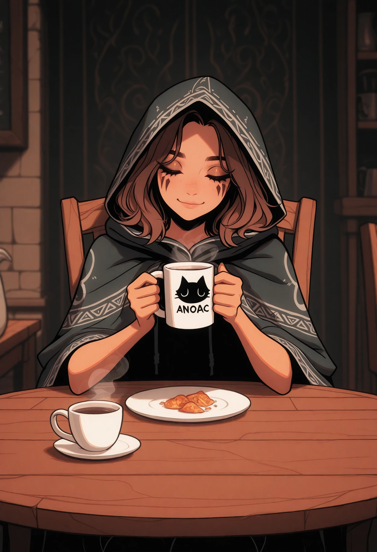<lora:NeoArcanaIllustriousXL:1> n3oarc4na,
1girl, brown hair, cup, facial tattoo, hood, sitting, cloak, smile, closed eyes, cat, mug, table, chair, holding, solo, hooded cloak, medium hair, indoors, steam, masterpiece, best quality, amazing quality, intricate detail, highly detailed, absurdres,