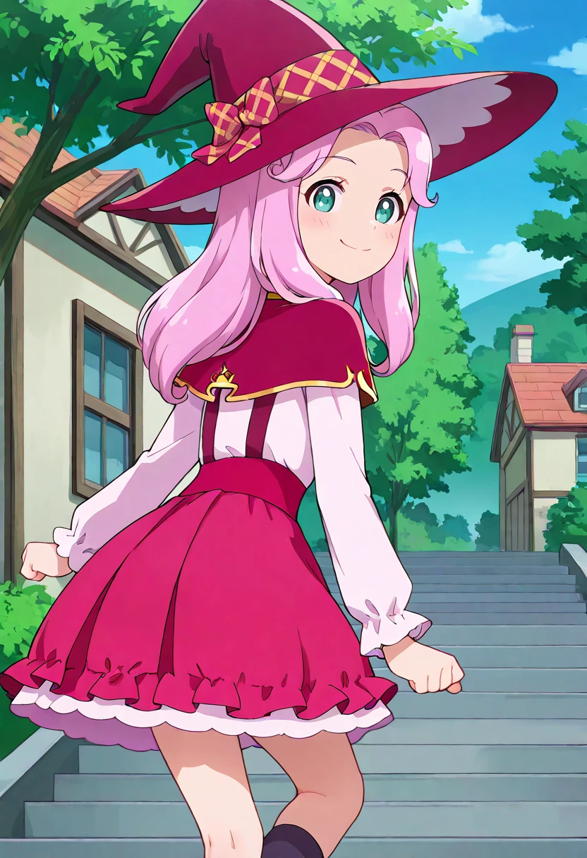 masterpiece, best quality, absurdres, very aesthetic, general,
hanami kotoha, magic school uniform, mgcschl uniform, 1girl, solo, witch hat, pink hair, school uniform, long hair, smile, green eyes, long sleeves, hat bow, red headwear, plaid bow, capelet, outdoors, closed mouth, pink headwear, pink skirt, standing, stairs, white shirt, suspender skirt, white pupils, building, looking at viewer, clenched hands, frills, looking back, from side, frilled skirt, plaid ribbon, hat ribbon, blush, pink bow, outstretched arms, house, black legwear, from behind, day, happy, pink dress, aqua eyes, checkered bow, legs apart, bangs, red skirt, kneehighs, walking, tree, cowboy shot, high-waist skirt, window, feet out of frame, hair intakes, black socks, school
<lora:cure_felice_hanami_kotoha_illustXL_locon_v1:0.7>