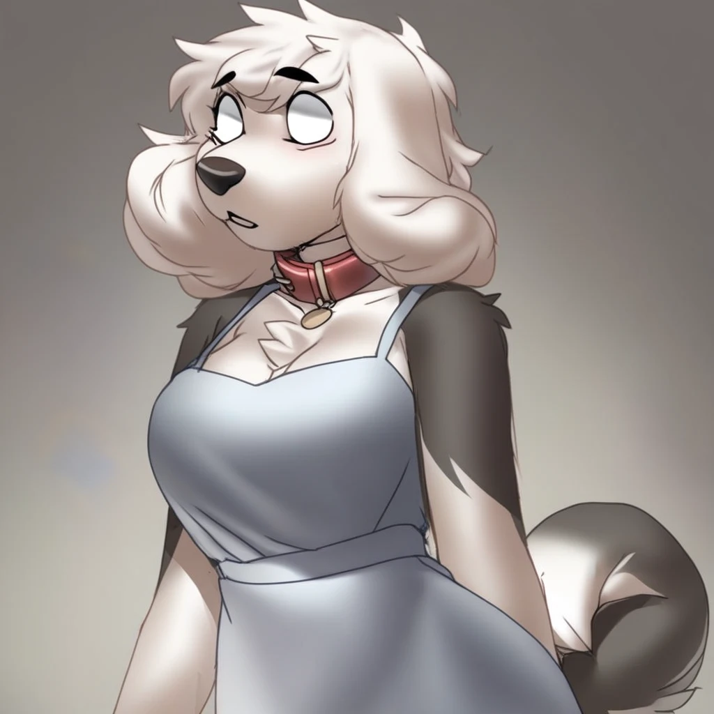 score_9, score_8_up, score_7_up, (by jailbird:1.5), (by kittydee:1.5), (by zummeng:1.5), masterpiece, best quality, (Furry Art : Anthro : Old English Sheepdog :1.5), expressive eyes, feminine eyes, <lora:beautiful_detailed_eyes:1>, perfect face, feminine face, feminine body, long fluffy fur, two-toned fur, white fur, grey fur, grey droopy dog ears, (white hair:1), shoulder length hair, (shaggy hair), (shaggy hair bangs over eyes:1.5), large breasts, red dog collar, (casual wear dress:1.5),