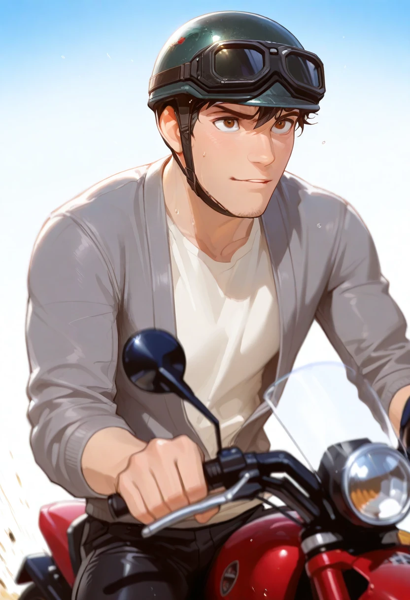 embedding:Illustrious\Positive\IllustriousQual, embedding:Illustrious\Positive\IllusP0s, 1boy, male focus, solo, tadashi_hamada, helmet, goggles, riding motorcycle, white shirt, grey jacket, speed up, motion blur, vfx, depth of field, masterpiece, high resolution, best quality