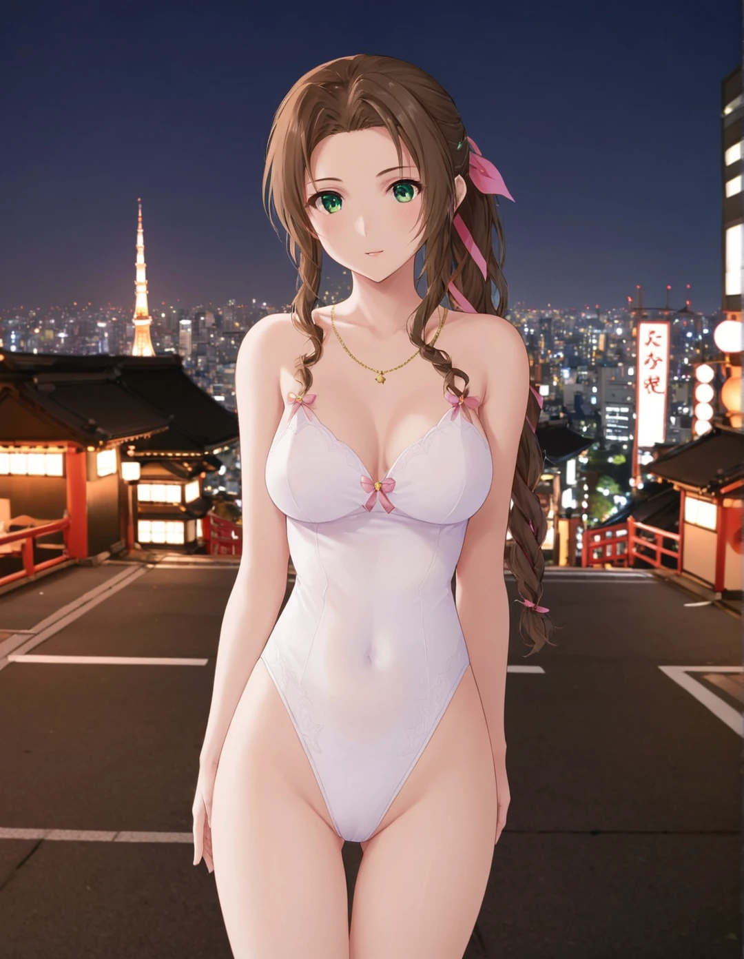 Aerith in white bodysuit, front shot, perfect body, standing outside, Japan, Tokyo Night,  <lora:Aerith-TestVersion:1>