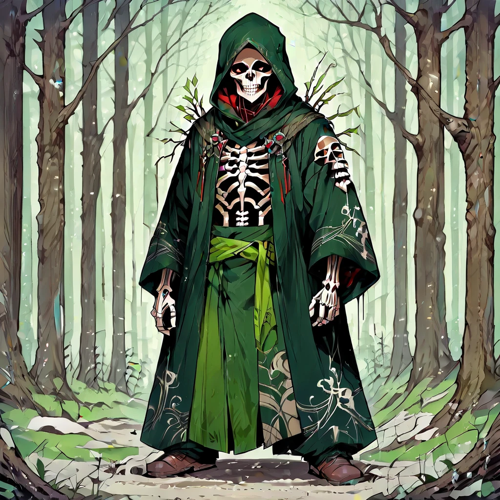 hood, skull, 1boy, weapon, tattoo, forest, skeleton, solo, tree, holding