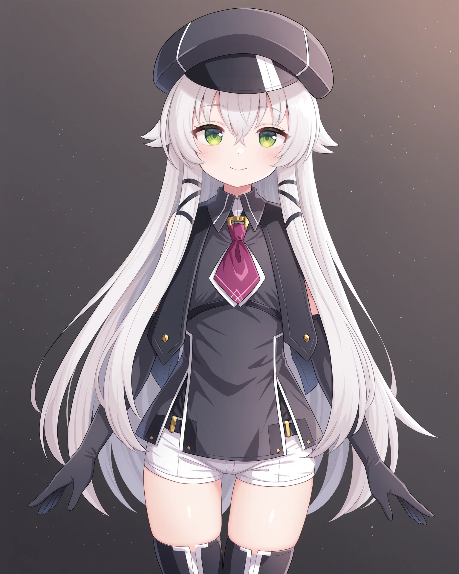 masterpiece, best quality, amazing quality, very aesthetic, absurdres, (naga_u:0.7), (subaru \(subachoco\):0.4), (e.o.:0.4)
1girl, solo,
<lora:AltinaOrionCS4_Illustrious:1>, Altina Orion, white hair, long hair, sidelocks, green eyes, flat chest, cabbie hat, sleeveless black top, purple necktie, black elbow gloves, white shorts, black thigh boots,,
simple background, black background, particles, ,
looking at viewer, smile,