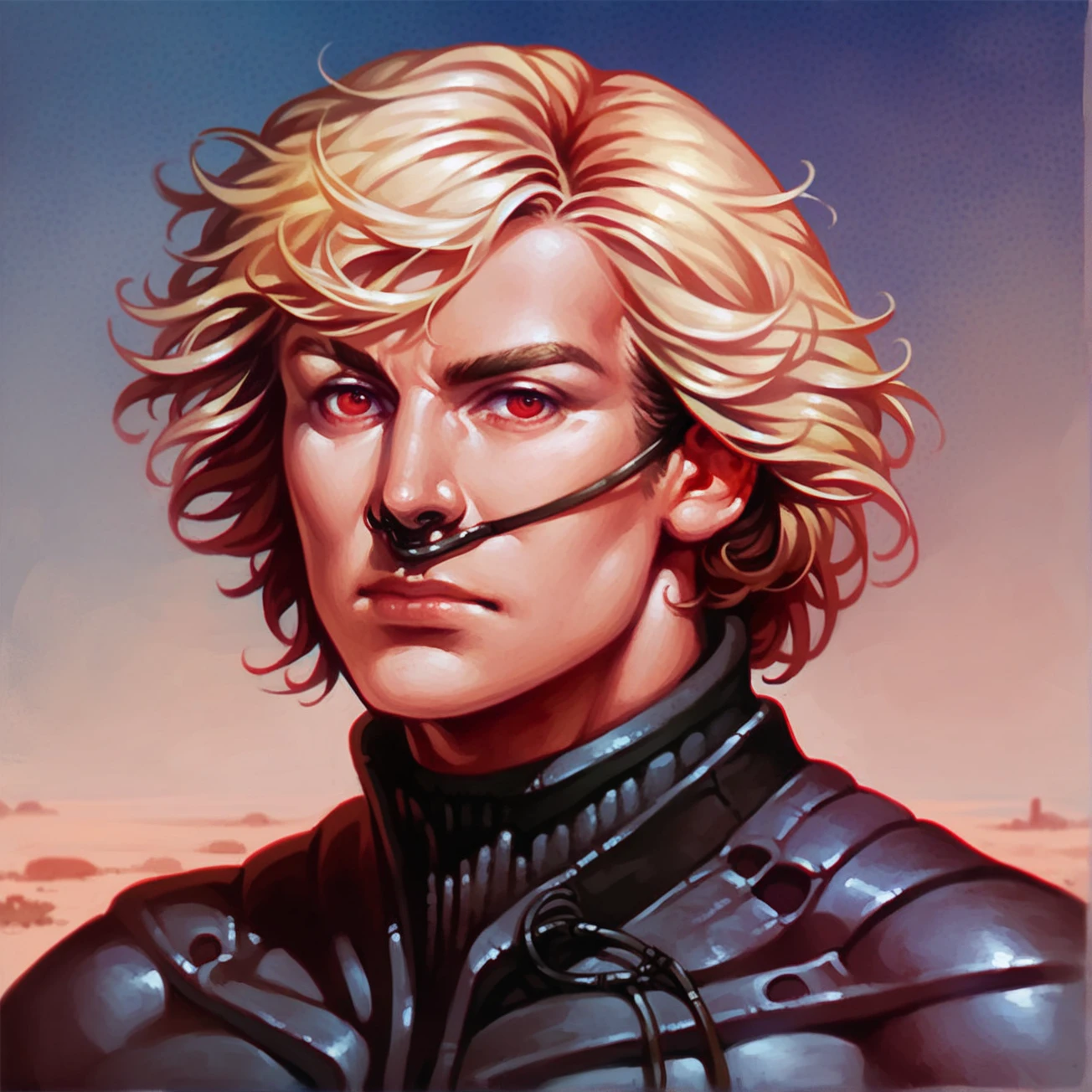 score_9, score_8_up, score_7_up, <lora:stillsuit-1984:1> lyncsuit_ponyv1, science fiction, blonde hair, red eyes, bodysuit, nose tube, upper body, 1boy, solo, desert, high quality, detailed, intricate details, best quality,