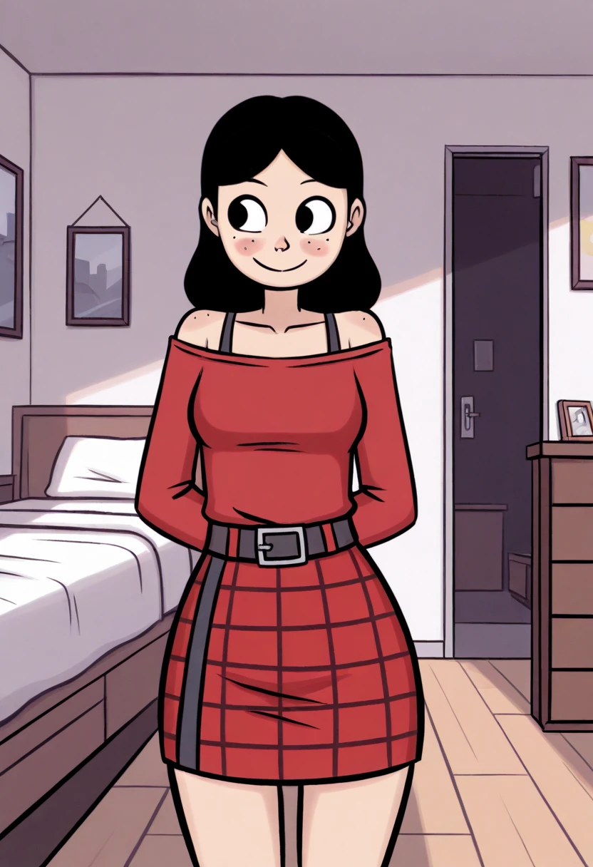 masterpiece, best quality, absurdes, 1girl, solo,
(source_cartoon),
<lora:Anya Borzakovskaya (Anya's Ghost) (Illustrious):0.9>
Anya_B, freckles, blush stickers, black hair, long hair, dark eyes, 
smile, bare shoulders, dress, red shirt, red skirt, belt, plaid skirt,
detailed background, indoors, bedroom,
<lora:Detailer_NoobAI_Incrs_v1:0.4> detailed,