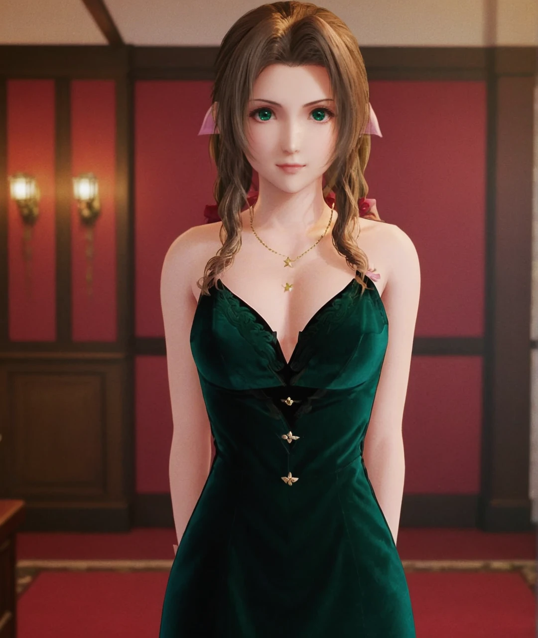 4k shot, ultra clear shot, front view shot, Aerith in velvet green mini dress, upper body shot, standing indoors,  <lora:Aerith-TestVersion:1>