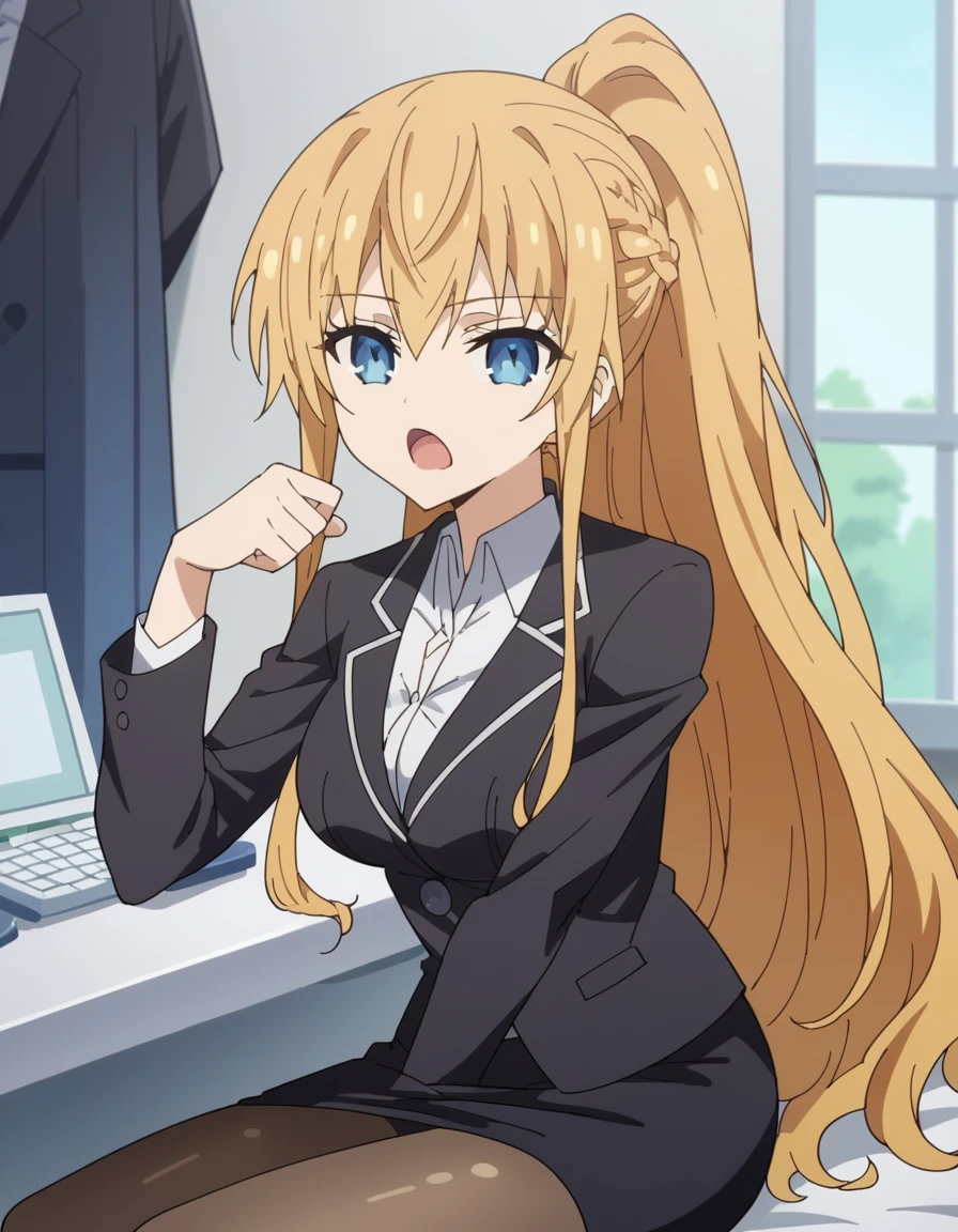 score_9, score_8_up, score_7_up, source_anime, <lora:artemisia-bell-ashcroft-s4s5-v2-ponyxl-lora-nochekaiser:1>, artemisia bell ashcroft, long hair, blue eyes, blonde hair, medium breasts, mature female, anime screencap, thighhighs, jacket, ponytail, pantyhose, formal, suit, skirt suit, black suit, office lady,, bedroom, alarm clock, morning routine, yawning, stretching, on bed, , sitting, head rest, table,, looking at viewer, solo,, cowboy shot, solo