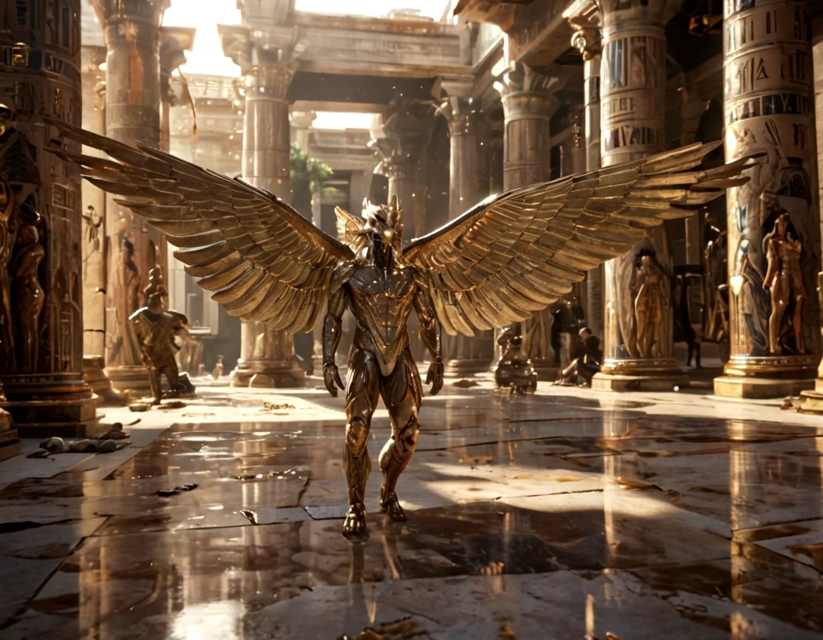 score_9, score_8_up, score_7_up,
8K, In'ei, chiaroscuro, volumetric lighting, perfect depth of field shot, photographic realism, hyper detailed, 8k CGI render,
<lora:Horus_(Gods of Egypt)_(SDXL)_(AD):0.85> horus, gold, silver, metal skin, golden silver metal skin, golden metal skin, silver metal skin, wings, muscular, armor, mech, mecha, robot, full body shot, marble floor, Egyptian, city, temple, palace, garden, monumental architecture, heroic, palace, garden, marble, sandstone, size play, perfect proportions, dazzling, glorious,
BREAK zPDXL,