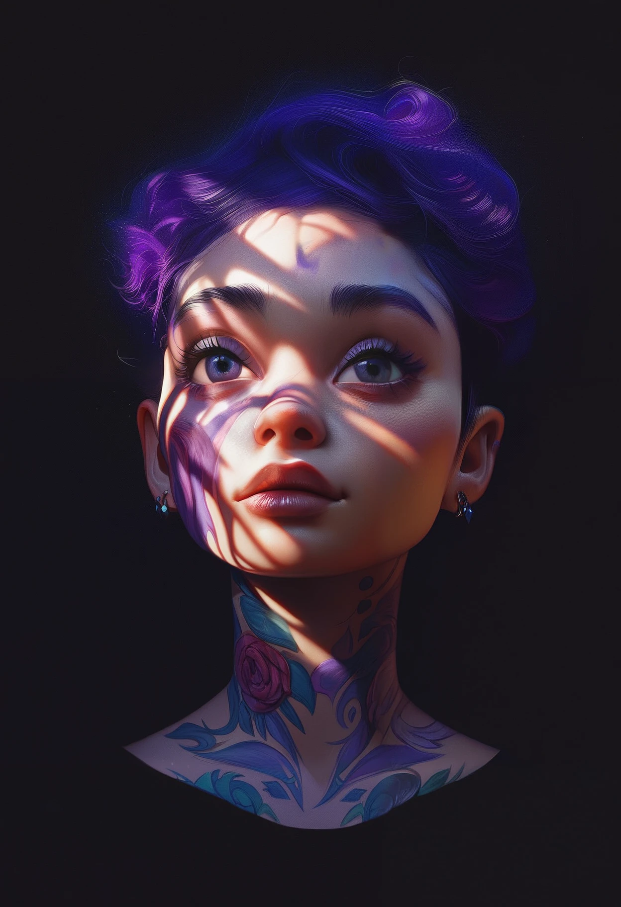 score_9, score_8_up, score_7_up, score_6_up, 1girl, cute face, short violet hair, purple floral face tattoos, portrait, s1_dram, black background