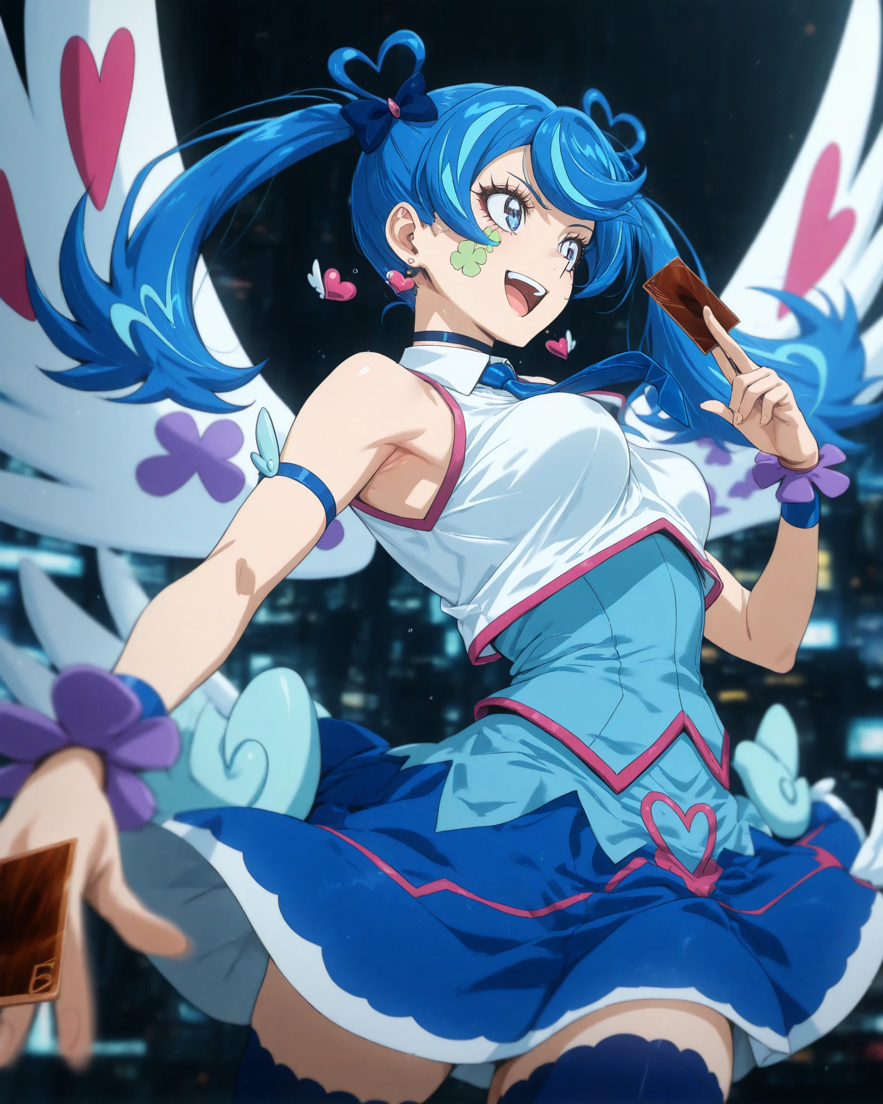 masterpiece, best quality, high resolution, absurdres,1girl,newest,kubo tite \(style\),explicit,(anime coloring:1.2),flat color,
cute face,
<lora:AoiZaizen_ill_v1:1>,looking away,(from side:0.6),
BLUEANGEL,blue hair,blue hair bow,twintails,heart hairhair bow,heart earrings,facial tattoo,four-leaf clover tattoo,choker,collar,sleeveless shirt,white shirt,wings,blue necktie,blue skirt,arm strap,cuffs,
blue thighhighs, skirt wings,
smile,blue eyes,open mouth,
medium breasts,pointy breasts,bouncing breasts on clothes,
holding card,dynamic pose,
cyberpunk,depth of field,