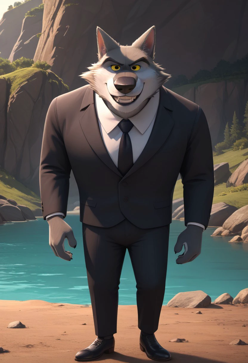 score_9, score_8_up, score_7_up, cartoon_style, ((by BodiPhant0m)), byBodiRDz, 4k, 8k, The best quality, very well drawn, detailed, high quality, detailed, 4k, high resolution, high quality, high resolution, outdoors, furry character, canine, 2d, solo, against the backdrop of the river, 
rockdog, linnux,
style rock dog, movie style, style[rockdog], rockdog, male, gray wolf, wolf boy, wolf, linnux,
(short) and fat, they wear dark suits with black ties, dark gray fur, a light gray muzzle and yellow eyes
(sexy), naked, exposed, easynegative, Split Lighting style, partially covered in shadow,
hands on hips, evil smile, (angry), (smile), (laughter),