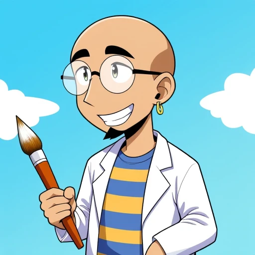 holding paintbrush, jewelry, 1boy, teeth, labcoat, parody, glasses, blue background, striped shirt, sky