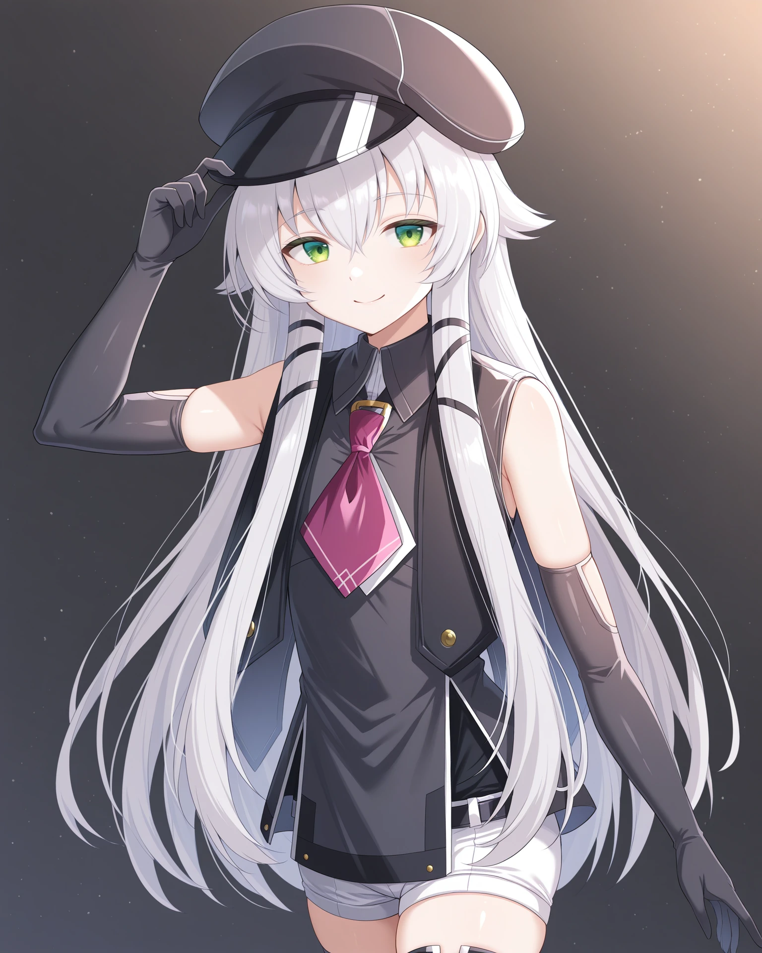 masterpiece, best quality, amazing quality, very aesthetic, absurdres, (by e.o.:0.7), (by chiharu \(9654784\):0.4), (by racoon-kun.:0.4),
1girl, solo,
<lora:AltinaOrionCS4_Illustrious:1>, Altina Orion, white hair, long hair, sidelocks, green eyes, flat chest, cabbie hat, sleeveless black top, purple necktie, black elbow gloves, white shorts, black thigh boots,,
simple background, black background, particles, upper body, portrait,
looking at viewer, smile,