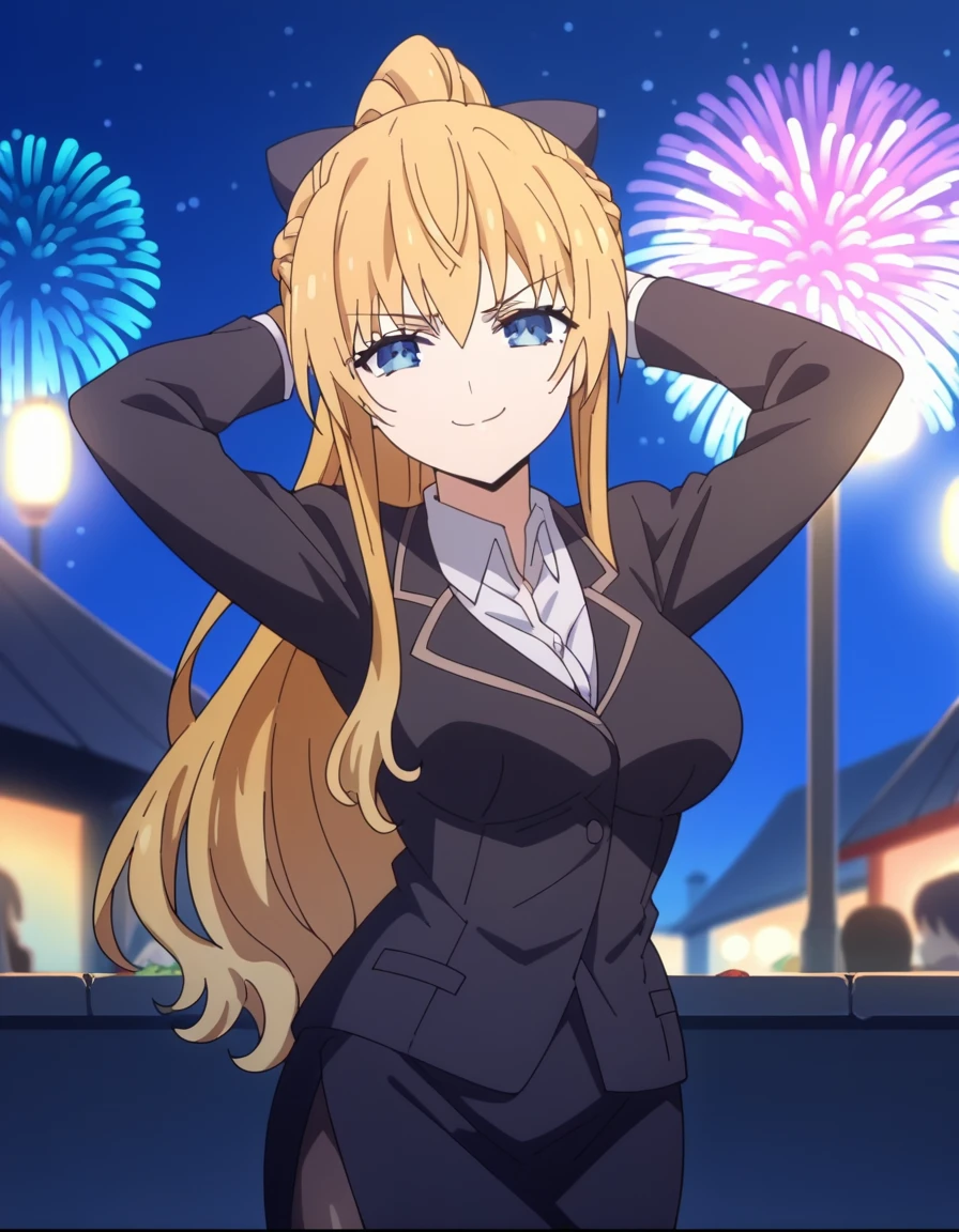 score_9, score_8_up, score_7_up, source_anime, <lora:artemisia-bell-ashcroft-s4s5-v2-ponyxl-lora-nochekaiser:1>, artemisia bell ashcroft, long hair, blue eyes, blonde hair, medium breasts, mature female, anime screencap, thighhighs, jacket, ponytail, pantyhose, formal, suit, skirt suit, black suit, office lady,, festival, fireworks, summer night, food stall, traditional, arms up, , head rest, smug, looking at viewer, solo,, cowboy shot, solo