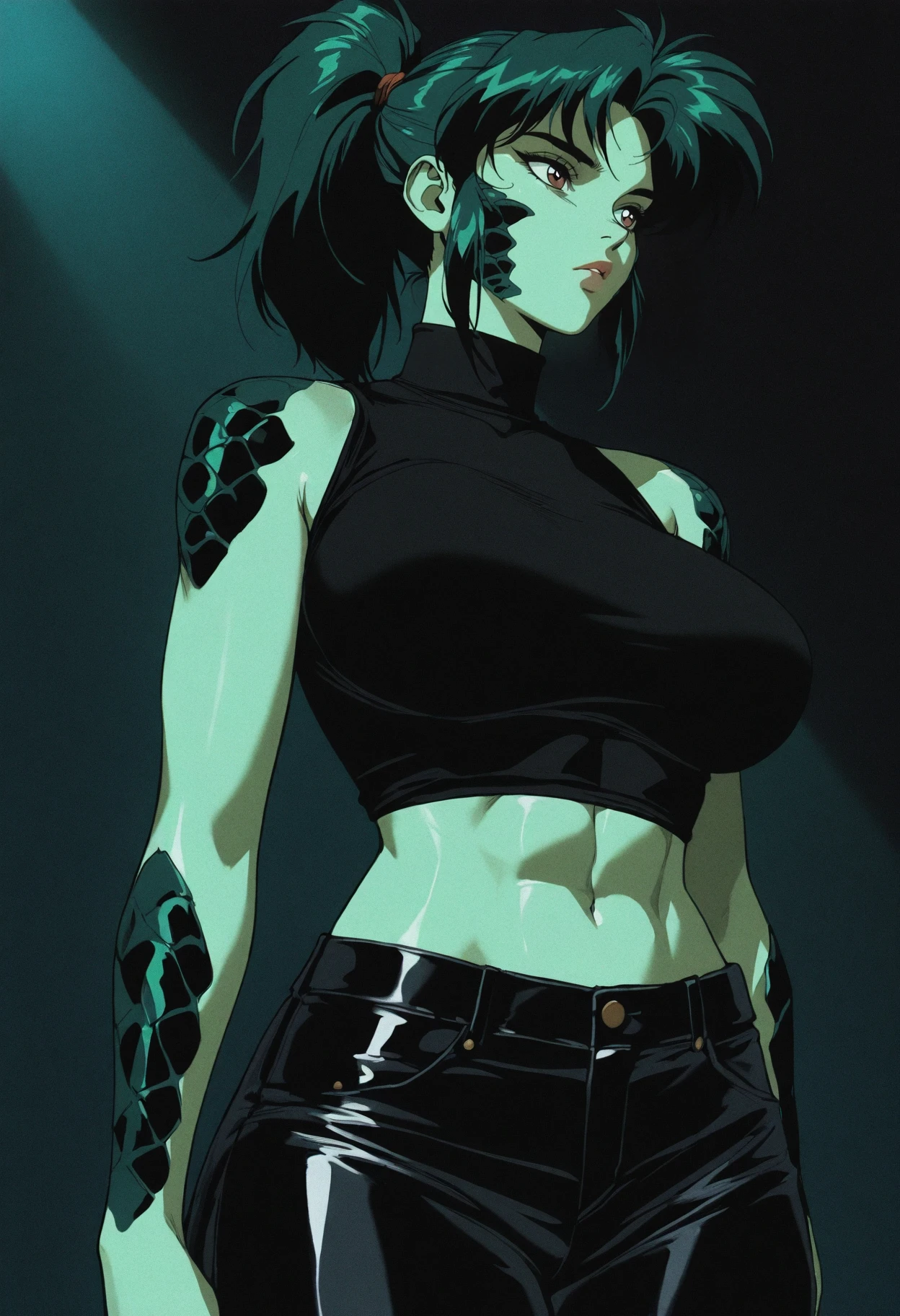 melanch0ly, 1girl, solo, (dark green scales:1.2), shoulder scales, cheek scales, dark green hair, ponytail, brown eyes, light green skin, massive breasts, sleeveless turtleneck, black leather pants, (abs), dark shading, dark tinting, dramatic lighting, film grain, 1990s, retro anime, best quality, masterpiece, <lora:MelancholyAnime:1>