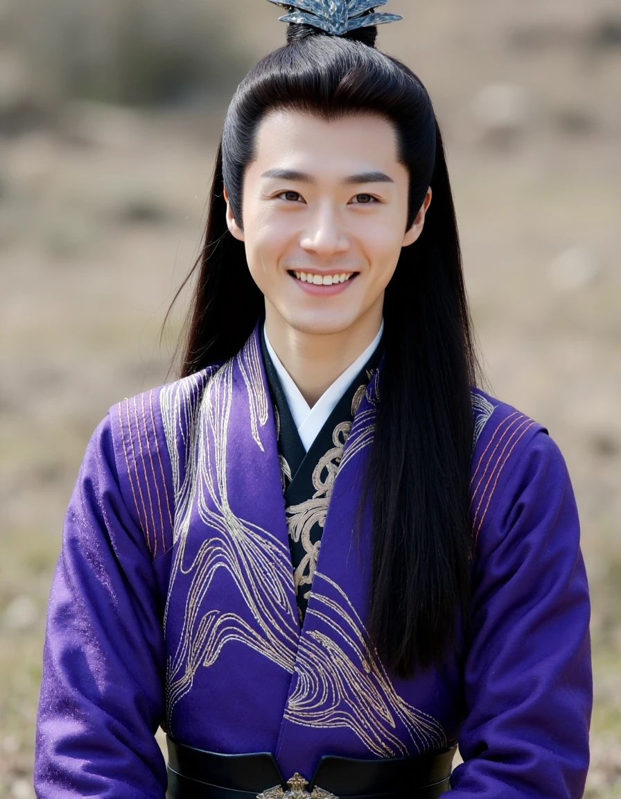 the image is a portrait of FNGLN with long hair wearing a purple hanfu, FNGLN has delicate facial features, shows a light smile, and an athletic build,