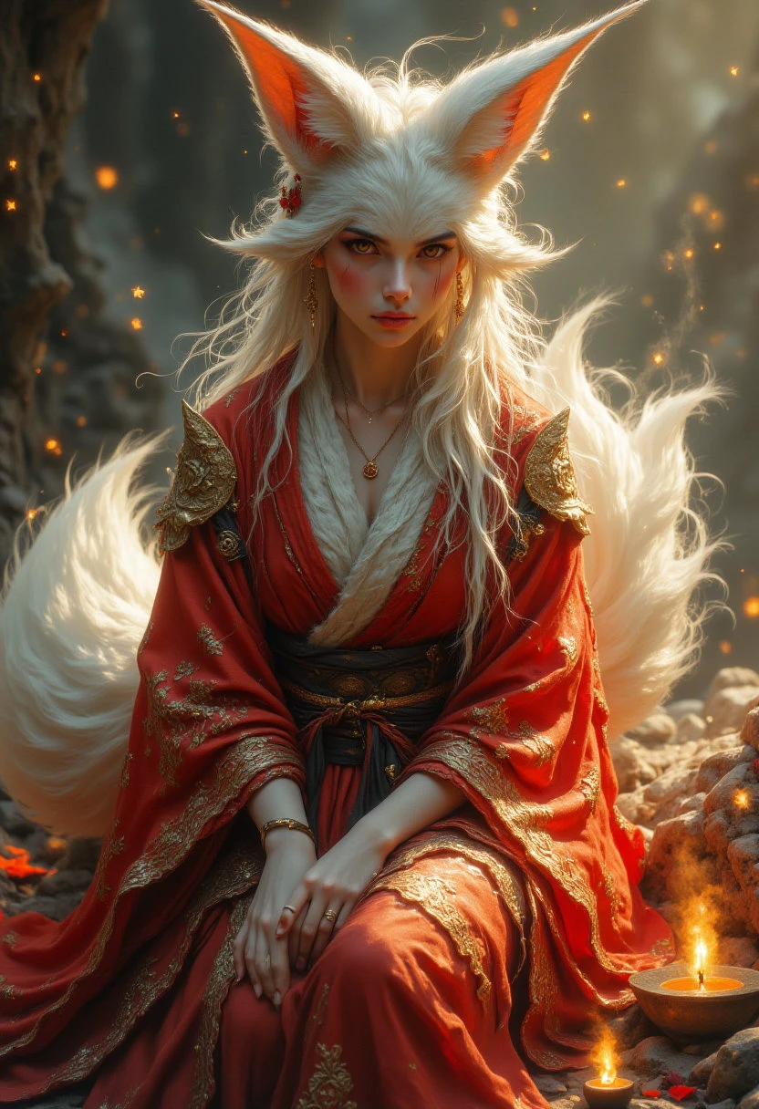 A beautiful female kitsune, named Akira, with fox ears and tail that seem to be made of pure silver in the sunlight. Akira has a mischievous, cunning face, with sharp features, and eyes that shine like bright, piercing stars. She is wearing a flowing, crimson kimono with intricate designs of gold and silver thread, and is sitting on a pile of treasure, surrounded by candles, incense, and other magical artifacts. Akira is gazing out at the viewer with a look of sly, playful curiosity, as if she is always up to something magical and mysterious.