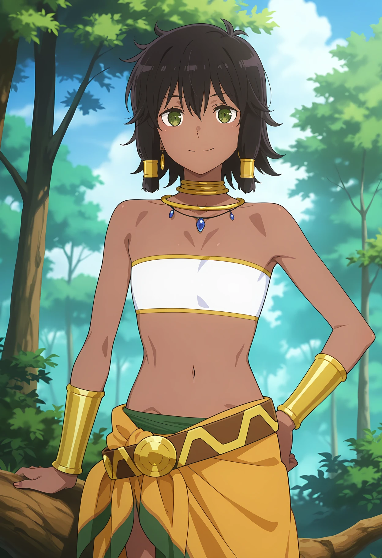 anime screencap, masterpiece, best quality,
<lora:DanMachi_TionaHiryute_IlluXL:0.9>,
1girl, closed mouth, smile,
dark skin, short hair, hair tubes, black hair, green eyes, earrings,
TionaHiryute, neck ring, necklace, white bandeau, flat chest, bracer, loose belt, sarong,
standing, looking at viewer, cowboy shot,
outdoors, nature, scenery, tree