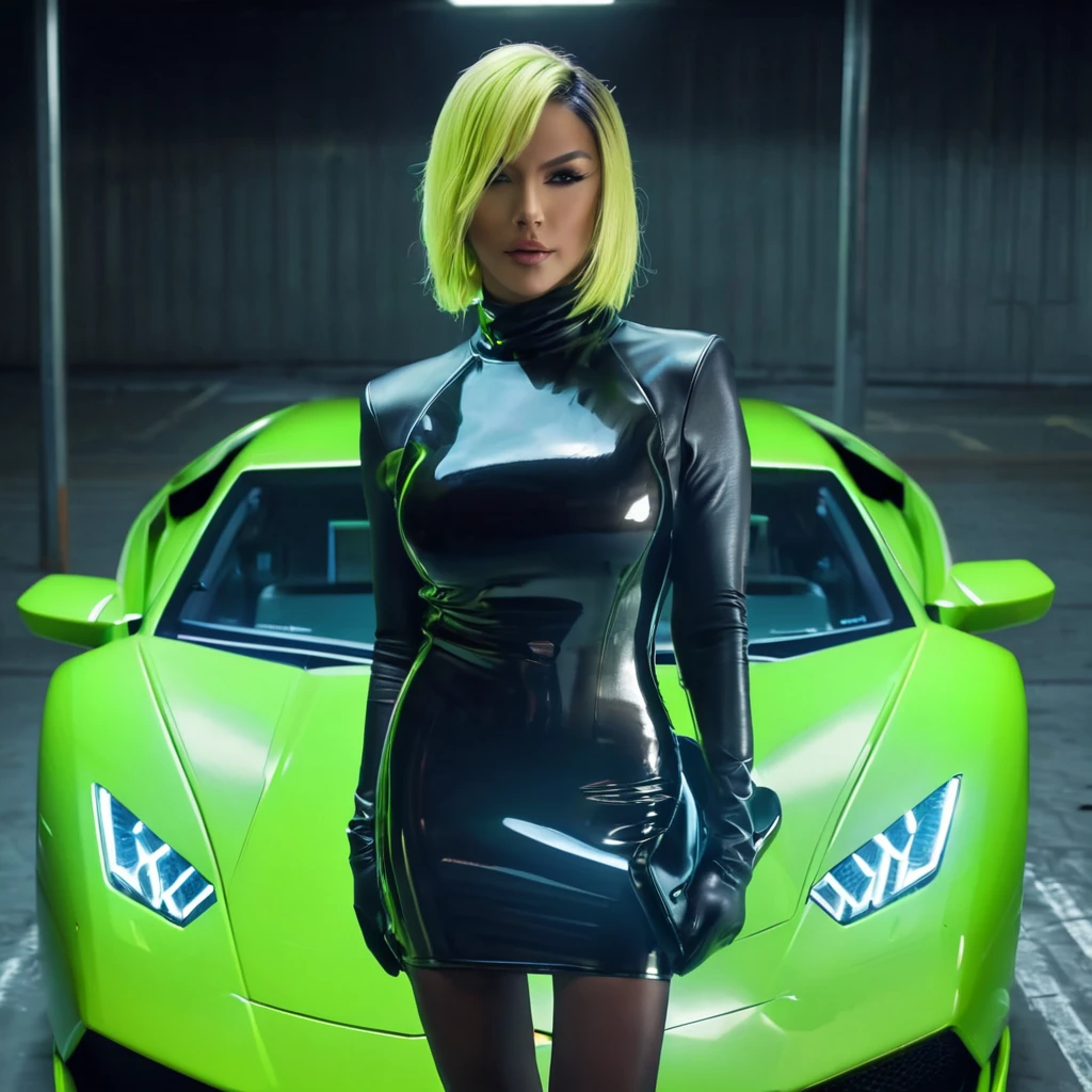 <lora:Galena:1>,A woman in a gold and black leather mini dress, blonde wig, and gloves, stands confidently in front of a bright lime green Lamborghini Huracán.  The scene is set in a dark, underground garage or parking lot, illuminated by bright, horizontal streaks of light, creating a dramatic, almost impressionistic effect.  The light is focused, with lens flares and highlights on the car and figure.  The lighting and shadows are dramatic and stylized.  The image is hyperrealistic in terms of the form and details of the cars and the woman, but the lighting and atmosphere are quite theatrical.  The background is dark and moody, highlighting the subject, Realistic, Photorealistic, High quality