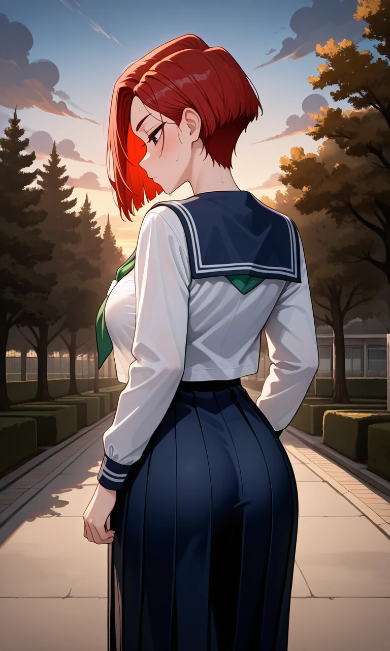 score_9, score_8_up, score_7_up, score_6_up, score_5_up, score_4_up, source_anime, aatomoyo, long hair, blonde hair, hair clip, parted bangs, green eyes, small breasts, serafuku, white sailor collar, white scarf, black shirt, long sleeves, pleated skirt, white skirt, standing up, red lace panties, leaning forward, standing, ass up towards the camera, licking a boy's penis, outdoors, cherry blossoms, serious face, pained expression, excited, wet from behind, showing ass, looking at the viewer, a boy squeezing her ass and penetrating her wet vagina with his penis, ejaculating in her, she used a condom and it dripped everywhere, HOT,, ,,zPDXL