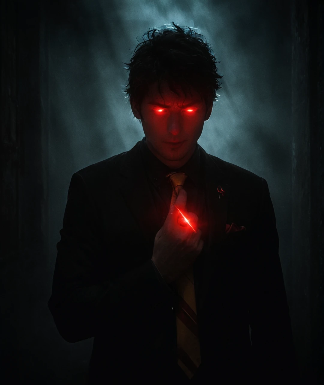 Dark photo, A man in yellow tie and black suit wearing showing his lightning symbol ring glowing red in finger to camera in front of him like crazy emitting red lightning out of his body in a foggy dark atmosphere <lora:Reverse_Flash_Lora:1> <lora:Into_Darkness:1>, his eyes emitting red lightning.