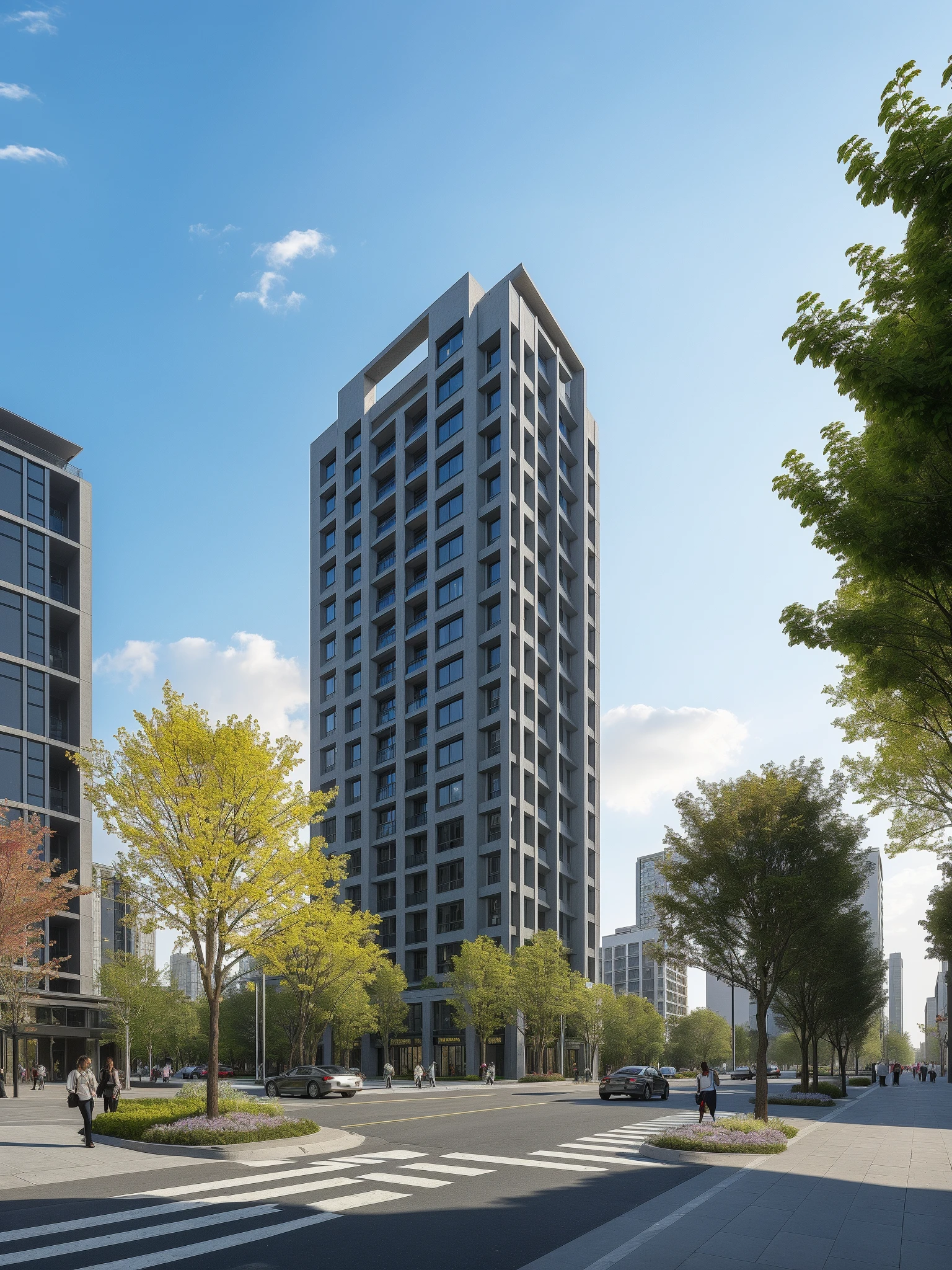 <lora:JJsBuilding_Apartment:.7>,((best quality)),((masterpiece)),((realistic)), , photorealistic, (Archviz), ((Apartment)), car, motor vehicle, outdoors, sky, ground vehicle, scenery, building, city, road, cloud, crosswalk, real world location, lamppost, tree, street, cityscape ,cloud , sidewalk, wood ,bush ,flower ,autumn leaves,