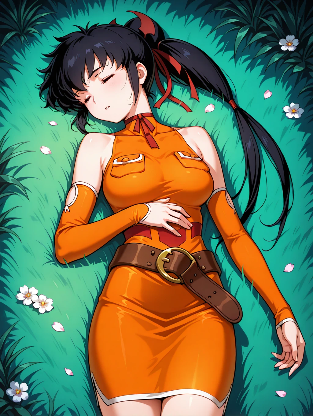 masterpiece,best quality,amazing quality,absurdres, perfectly-draw,<lora:LisaPacifistXLv1-001:0.82>, 1girl, lisapacifist, black hair, closed eyes, hair up, high ponytail with low tied twintails, orange tube-dress with detached sleeves, red ribbon-choker, pockets on chest, red stripes on waist, brown belt with gold buckle, parted lips, sleeping, (((dynamic pose, dynamic action, dynamic angle))), grasslands, night, lying on back, flowers, nature, from above, falling petals, <lora:illustriousXL_stabilizer_v1.7:1>
