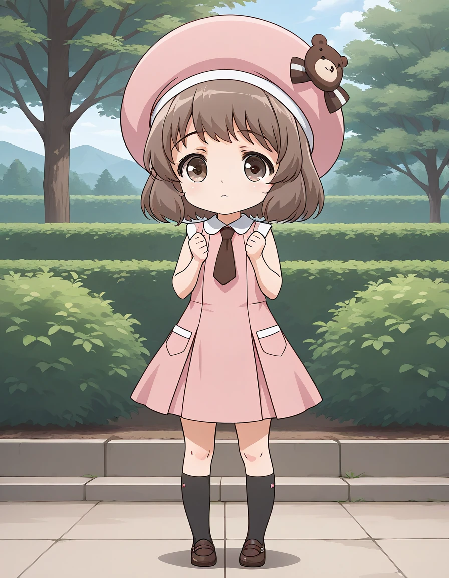 general,highres, ultra-detailed,very aesthetic,best quality ,best hands, BREAK <lora:Amatsuka_Sakura_IS:1>
AmatsukaSakura, 1girl,solo, brown hair, short hair, brown eyes, bangs, hat, chibi, 2020s (style), anime coloring,
1girl, solo, dress, outdoors, sleeveless, socks, shoes, brown footwear, sleeveless dress, necktie, pink dress, kneehighs, black socks, pink headwear, loafers, day, looking at viewer, pleated dress, medium dress, clenched hands, full body, standing, bush, road