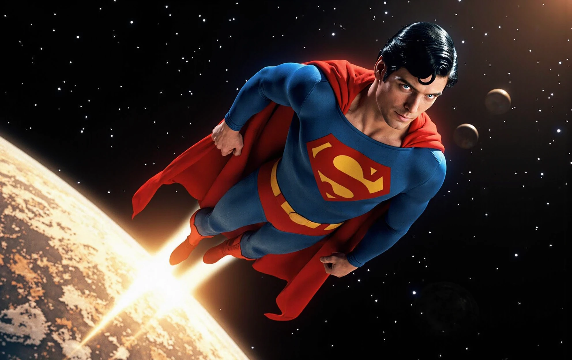 Superman flies through space, his iconic red and blue suit a stark contrast to the inky blackness of the cosmos, in a cinematic style reminiscent of classic sci-fi films, with bold lines, vibrant colors, and a sense of dynamic movement, set against a backdrop of stars, planets, and galaxies, with a warm golden light casting a heroic glow on the Man of Steel, as he soars through the void, his cape flowing behind him, in a scene that blends realistic and stylized elements, with a focus on action and drama, evoking a sense of wonder and adventure, in a 3D rendering with deep shadows and subtle texture.