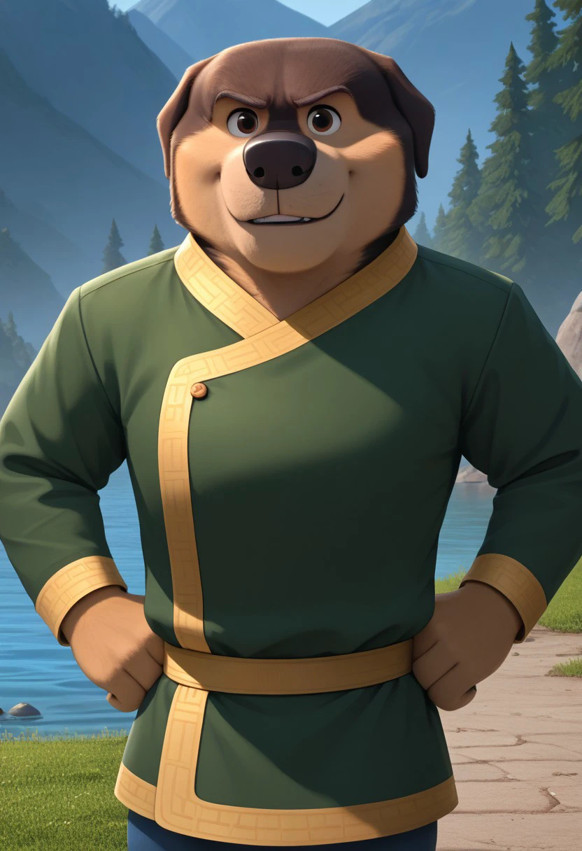score_9, score_8_up, score_7_up, cartoon_style, ((by BodiPhant0m)), byBodiRDz, 4k, 8k, The best quality, very well drawn, detailed,
high quality, detailed, 4k, high resolution, high quality, high resolution, outdoors, furry character, canine, 2d, solo, against the backdrop of the river,
rockdog, khampa,
style rock dog, movie style, style[rockdog], rockdog, male, tibetan mastiff, mastif, dog boy, dog, khampa,
Tibetan Mastiff with brown-and-tan fur with tan fur on his muzzle, hands and feet,
he has a black nose, brown eyes and black trimmed claws, he wears a green Tibetan jacket with a yellow trim, yellow cuffs and a yellow belt, and blue pants with light blue cuffs
(sexy), naked, exposed, easynegative, Split Lighting style, partially covered in shadow,
hands on hips, evil smile, (angry), (smile),
(laughter),