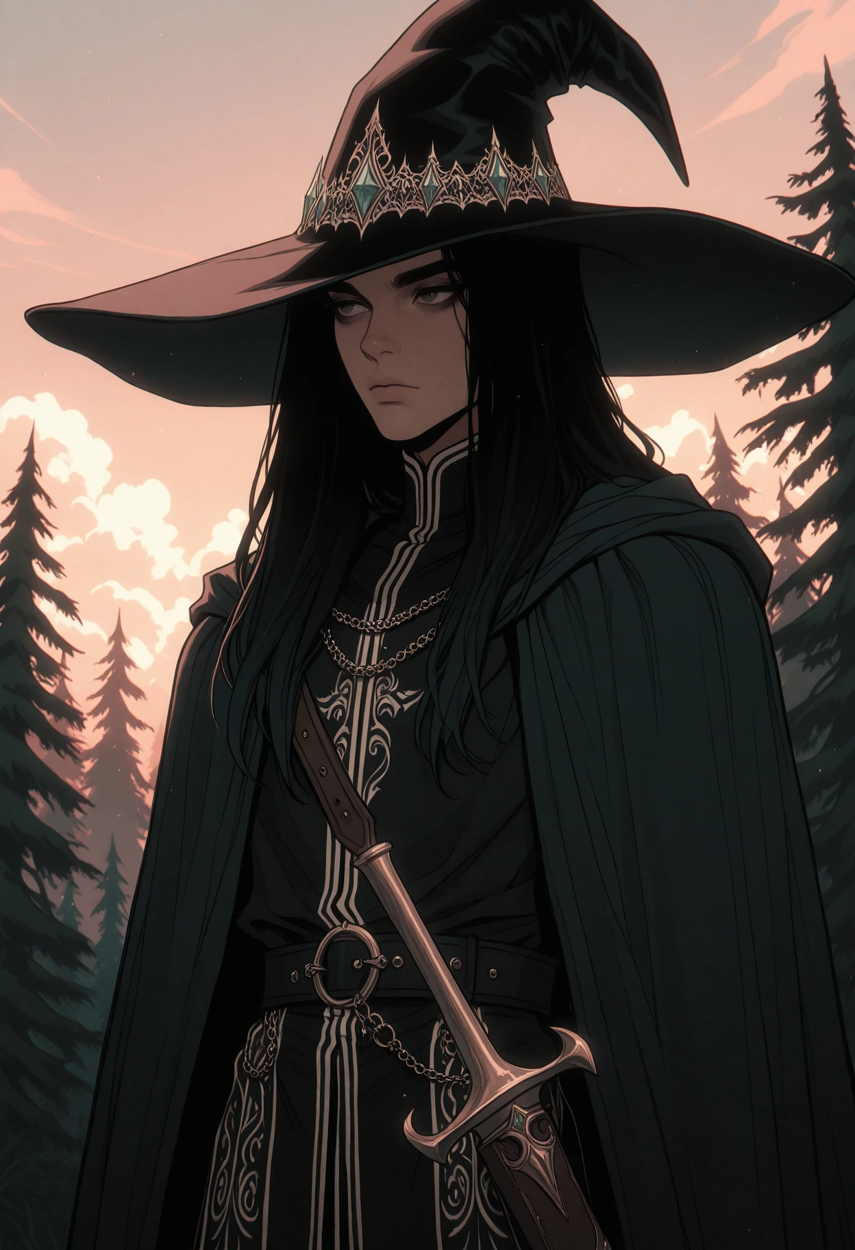 <lora:NeoArcanaIllustriousXL:1> n3oarc4na,
hat, solo, tree, male focus, outdoors, 1boy, black hair, long hair, sky, cape, witch hat, nature, cloud, upper body, jewelry, forest, black headwear, weapon, masterpiece, best quality, amazing quality, intricate detail, highly detailed, absurdres,