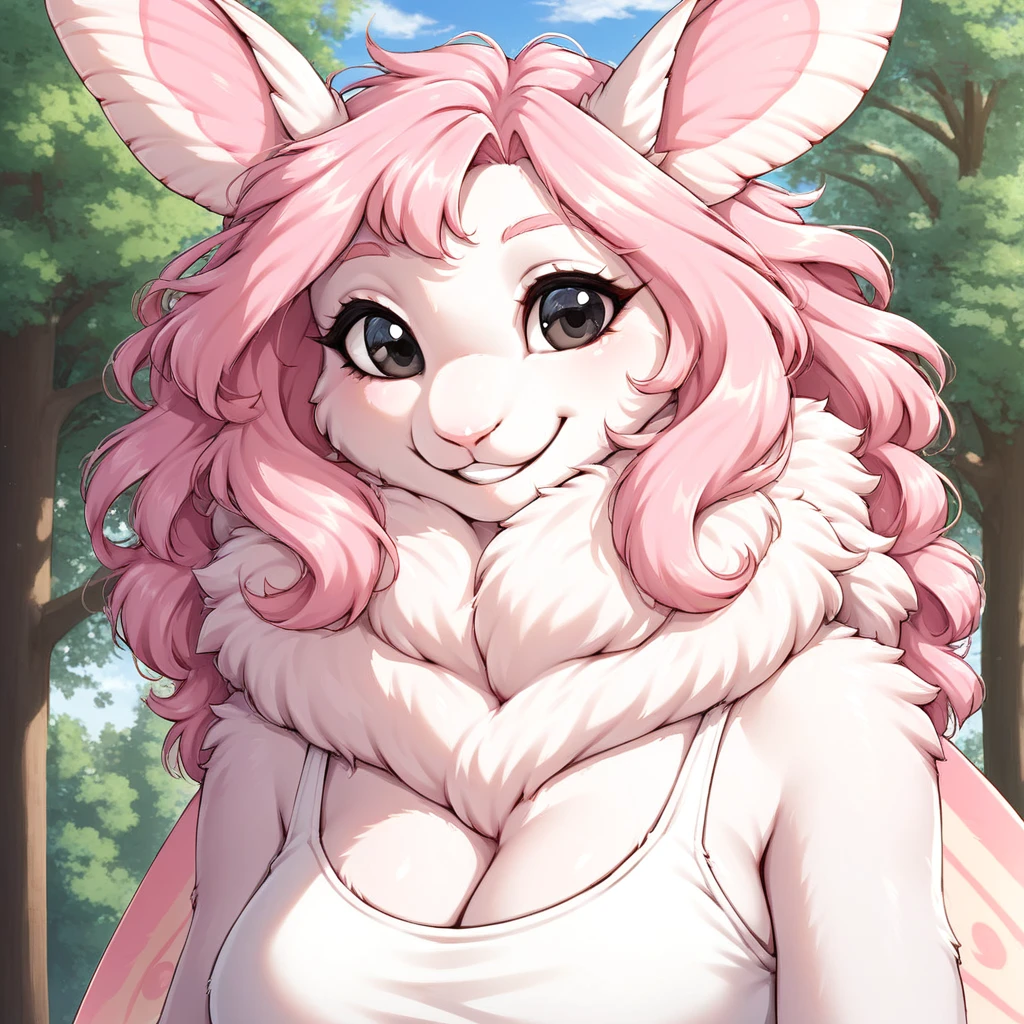 Anthro, moth, Sarah the moth(character), female, pink hair , neck fluff, black eyes, solo Upper body, outside, smile, blue sky, at the park, trees, white tank top