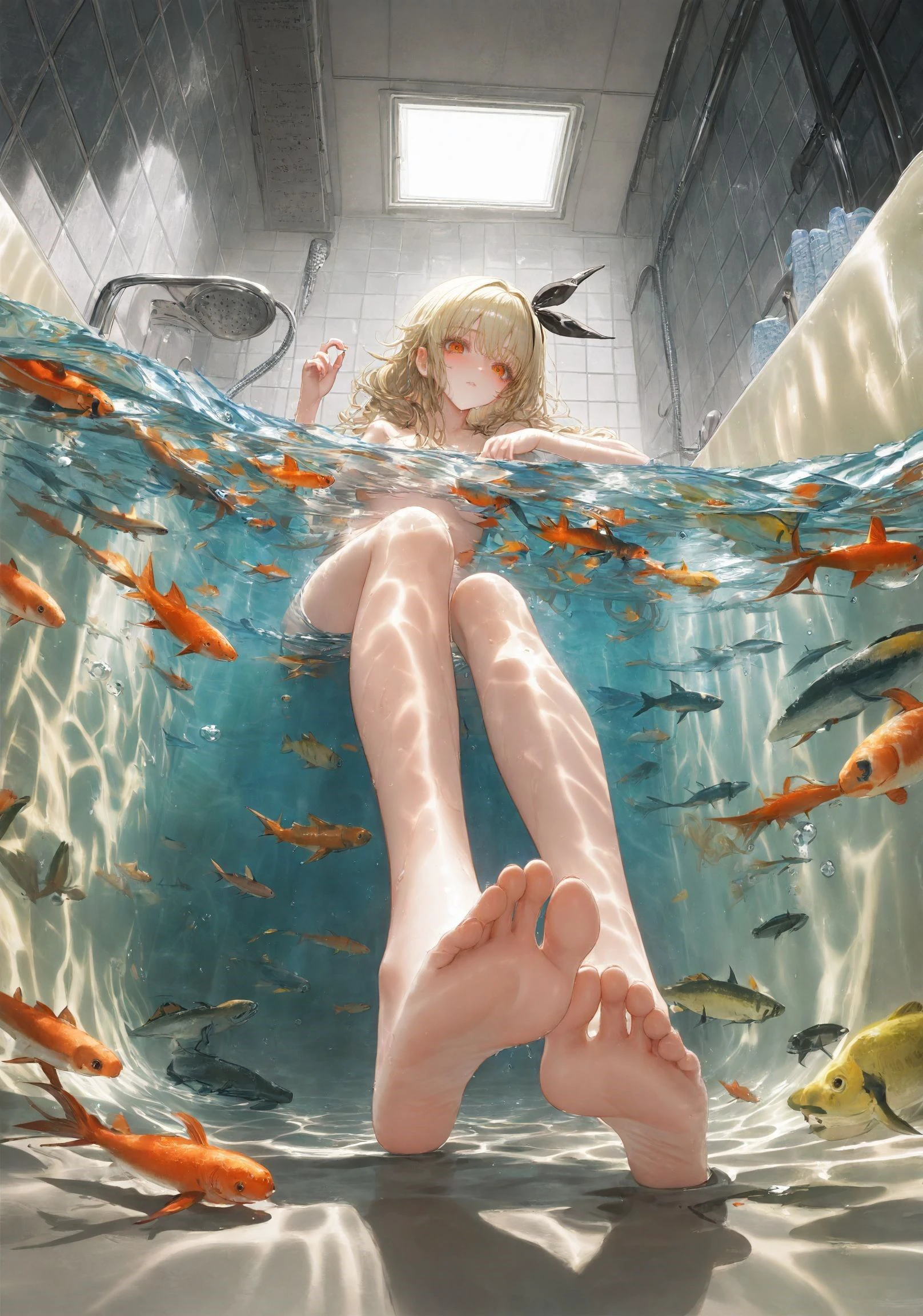 XUER guangying,1girl,solo,long hair,breasts,looking at viewer,blush,bangs,blonde hair,ribbon,hair ribbon,nude,barefoot,indoors,water,feet,orange eyes,legs,completely nude,black ribbon,toes,soles,foreshortening,partially submerged,fish,bubble,foot focus,bathing,bath,bathroom,bathtub,tile wall,
(wide shot, wide-angle lens,Panoramic:1.2),super vista,super wide Angle,Low Angle shooting,super wide lens,(partially underwater shot:1.2),(from below:1.4),
<lora:绪儿 厚涂构图光影质感增强V3:0.9>,
(artist:quasarcake:0.8),extreme aesthetic,(wlop:0.6),honjou honjou raita,lack,rella,wanke,raita,lack,rella,wanke,masterpiece,best quality,good quality,newest,year 2024,year 2023,very aesthetic,absurdres,Visual impact,A shot with tension,
ultra-high resolution,32K UHD,sharp focus,best-quality,masterpiece,Emotionalization,unconventional supreme masterpiece,masterful details,temperate atmosphere,with a high-end texture,in the style of fashion photography,(Visual impact:1.2),giving the poster a dynamic and visually striking appearance,impactful picture,
offcial art,colorful,movie perspective,masterpiece,best quality,amazing quality,very aesthetic,absurdres,best quality,newest,