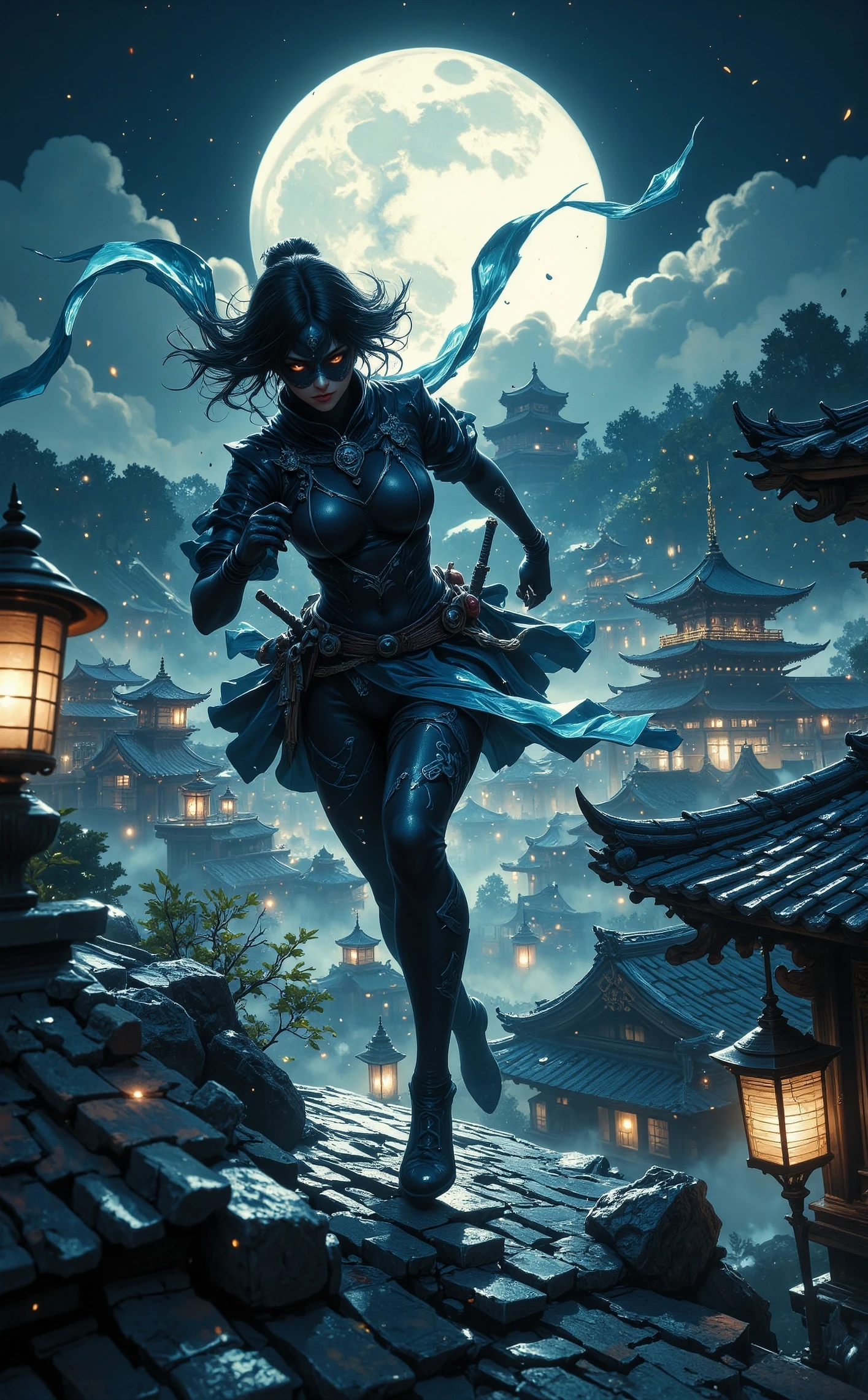 fantasy digital art, detailed, A dynamic fantasy painting captures a young female shinobi in motion, sprinting gracefully across the tiled roof of an ancient Japanese castle under the silver glow of the moon. Viewed from a dramatic top-down perspective, her lithe form cuts a striking silhouette against the textured rooftop. Her sleek black and deep-indigo attire blends seamlessly with the shadows, adorned with subtle patterns of swirling clouds and cranes that glint faintly in the moonlight. A flowing scarf trails behind her, fluttering like a whisper in the night breeze. Her face is partially obscured by a mask, but her sharp eyes gleam with focus and determination. In one hand, she clutches a gleaming kunai, while the other extends for balance as she leaps effortlessly between roof ridges. Her tabi boots grip the tiles with precision, leaving no sound in her wake. Below her, the sprawling castle complex is illuminated by the soft glow of paper lanterns, their warm light a stark contrast to the cool hues of the night. The rooftops ripple like a sea of dark waves, interspersed with pagoda towers and stone courtyards shrouded in mist. The background fades into a serene yet mysterious landscape of dense forests and distant mountains, bathed in pale moonlight. The composition captures the fluidity and elegance of her movement, emphasizing the tension of her covert mission under the watchful gaze of the moon, ethereal fantasy concept art of cinematic film still anime art by Rumiko Takahashi, digital art by Pascal Blanché, , Sci-fi illustration, futuristic aesthetics, detailed environments, otherworldly atmospheres, cinematic compositions, Humorous, romantic, slice of life, diverse characters . shallow depth of field, vignette, highly detailed, high budget, bokeh, cinemascope, moody, epic, gorgeous, film grain, grainy . magnificent, celestial, ethereal, painterly, epic, majestic, magical, fantasy art, cover art, dreamy