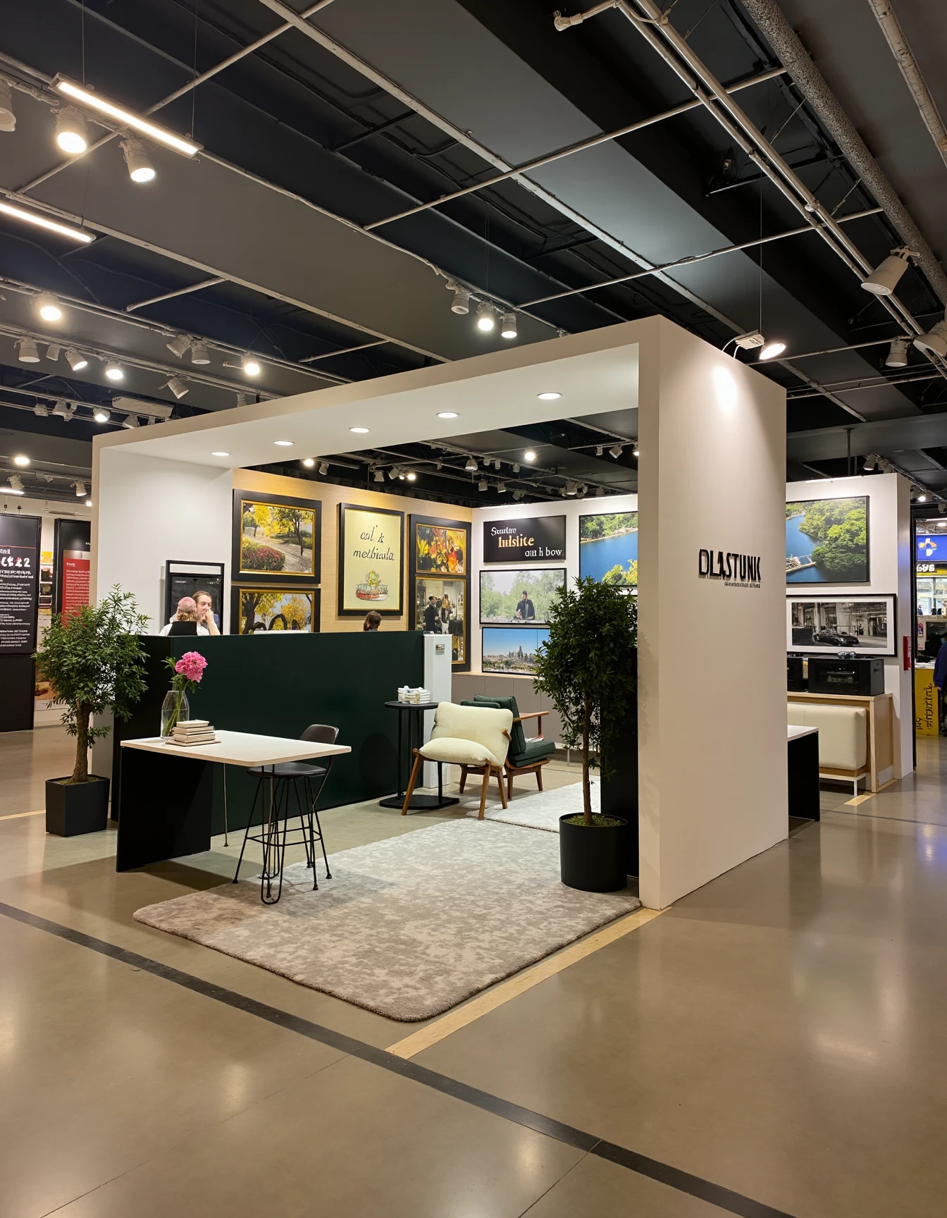 <lora:JJsExhibition_Flux:1> ,  (exhibition), indoors, chair, no humans, counter,rug ,flower, plants, ceiling light, , scenery, english text, table, reflection, photography, capturing moments, storytelling, creative composition