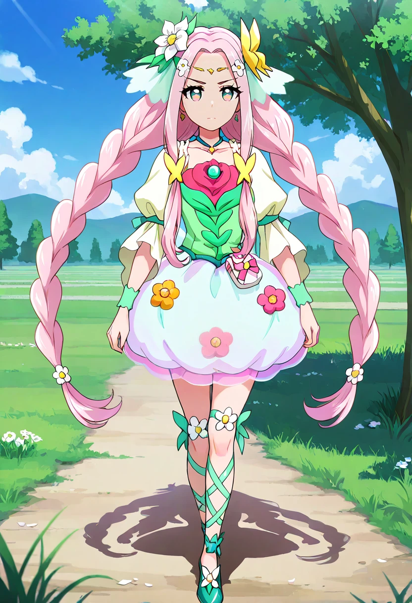 masterpiece, best quality, absurdres, very aesthetic, general,
cure felice, 1girl, solo, pink hair, flower in eye, hair flower, pink eyes, twin braids, multicolored eyes, full body, symbol in eye, petals, grass, day, earrings, wrist cuffs, standing, cloud, outdoors, very long hair, blue sky, butterfly hair ornament, looking at viewer, twintails, tree, green choker, closed mouth, shadow, pink flower, bubble skirt, brooch, floating hair, white skirt, pouch, shiny hair, flower-shaped pupils, crossed legs, eyelashes, puffy short sleeves, white flower, sidelocks, green eyes, leg ribbon, yellow flower, circlet, braided ponytail, field, white dress, symbol-shaped pupils, pink bow, watson cross, expressionless, walking, multi-tied hair, green footwear, necklace, layered skirt, frills, parted bangs, hair ribbon, short dress, wristband, thighhighs, see-through, long braid, layered dress, falling petals, cloudy sky, green ribbon, dress flower, ankle ribbon, serious, thigh ribbon, green dress
<lora:cure_felice_hanami_kotoha_illustXL_locon_v1:0.7>