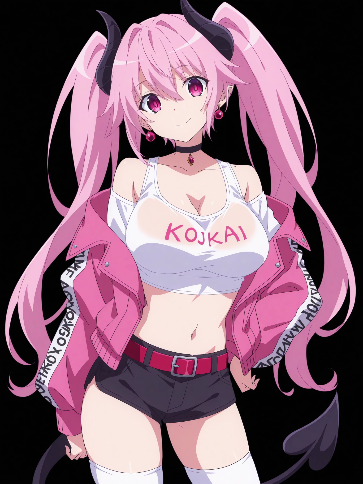 1girl, solo, breasts, tail, pink_hair, horns, demon_tail, shorts, jacket, twintails, large_breasts, smile, looking_at_viewer, long_hair, navel, choker, black_background, pink_eyes, short_shorts, belt, demon_girl, pink_jacket, demon_horns, simple_background, tank_top, open_jacket, cleavage, black_shorts, open_clothes, thighhighs, off_shoulder, bare_shoulders, closed_mouth, head_tilt, hair_between_eyes, cowboy_shot, jewelry, micro_shorts, collarbone, black_choker, white_thighhighs, crop_top, bangs, earrings, clothes_writing, shirt, midriff, standing, see-through, contrapposto, long_sleeves,
<lora:High_School_DXD_Illustrious_SD8:1>