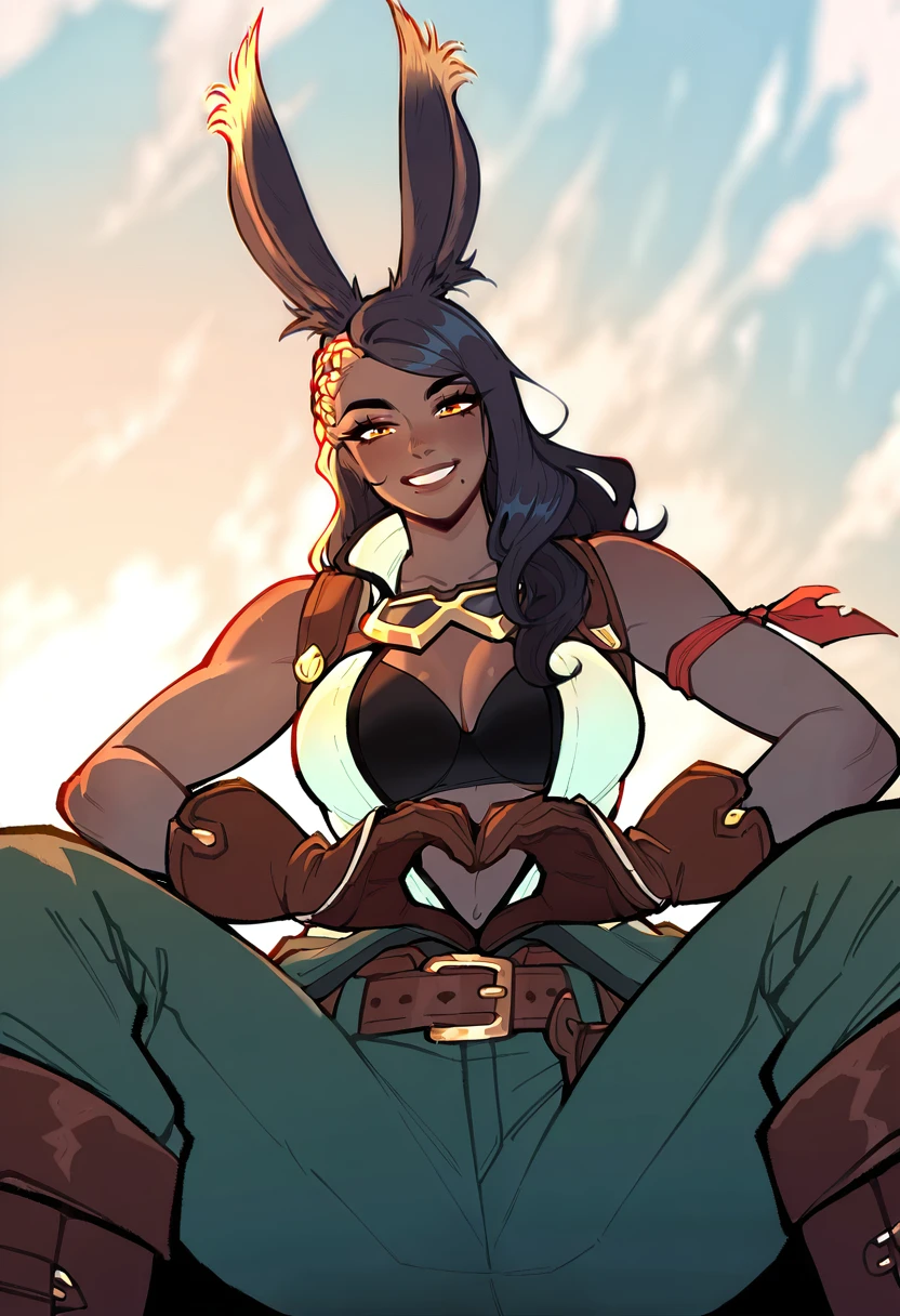 cahc1ua,cahc1uadrip,solo,long hair,mole under mouth,black hair,gloves,underwear,yellow eyes,boots,belt,green pants,dark skin,bra,brown gloves,viera,open clothes,red armband,braid,goggles,multicolored hair,mature female,thick thighs,upper body,heart hands,looking at viewer,smile,morning,blue sky,very awa,masterpiece,best quality,amazing quality,very aesthetic,absurdres,sensitive,newest<lora:cahciuaIL:0.8>